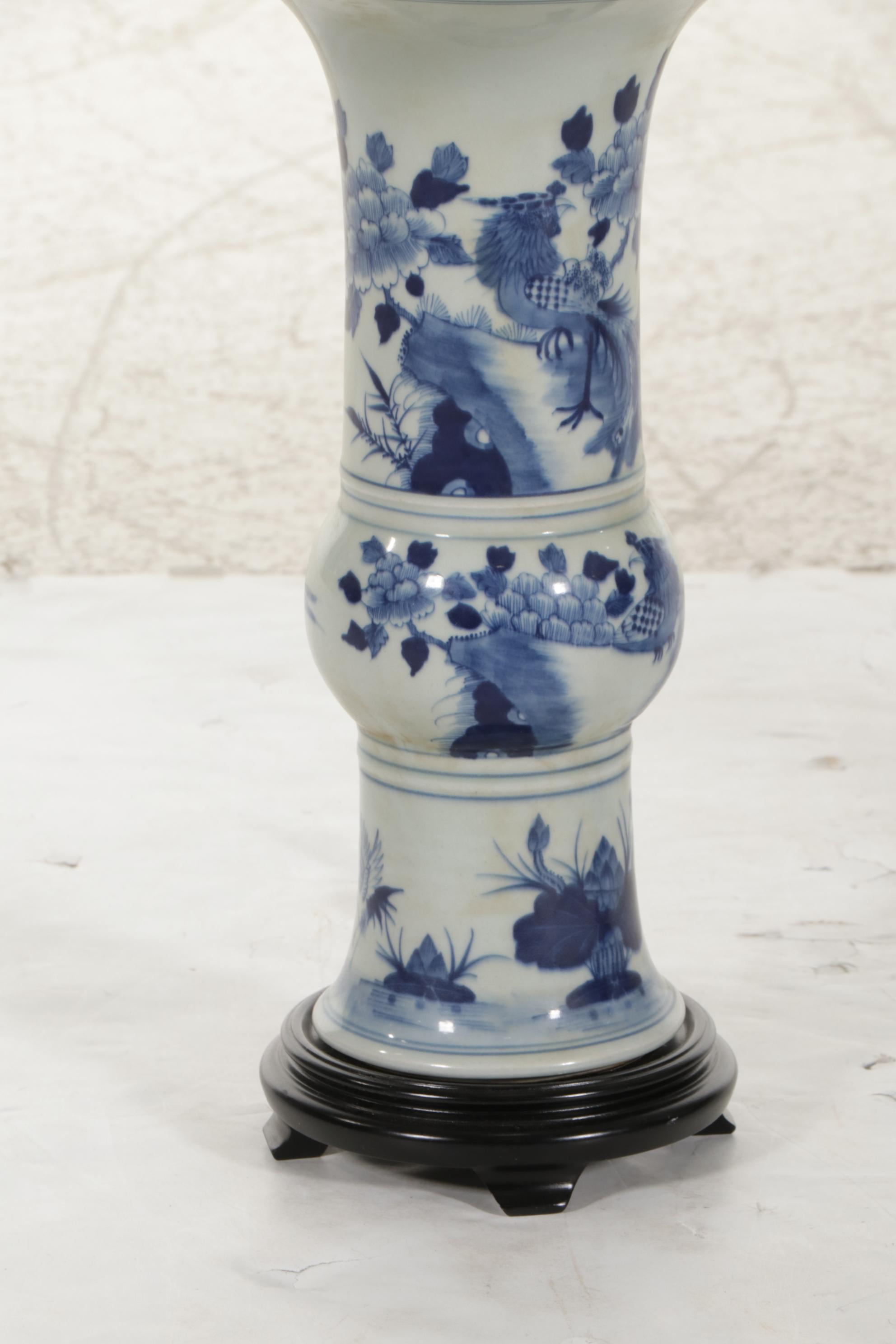 Chinese Blue and White Porcelain Gu Beaker Vase Table Lamps