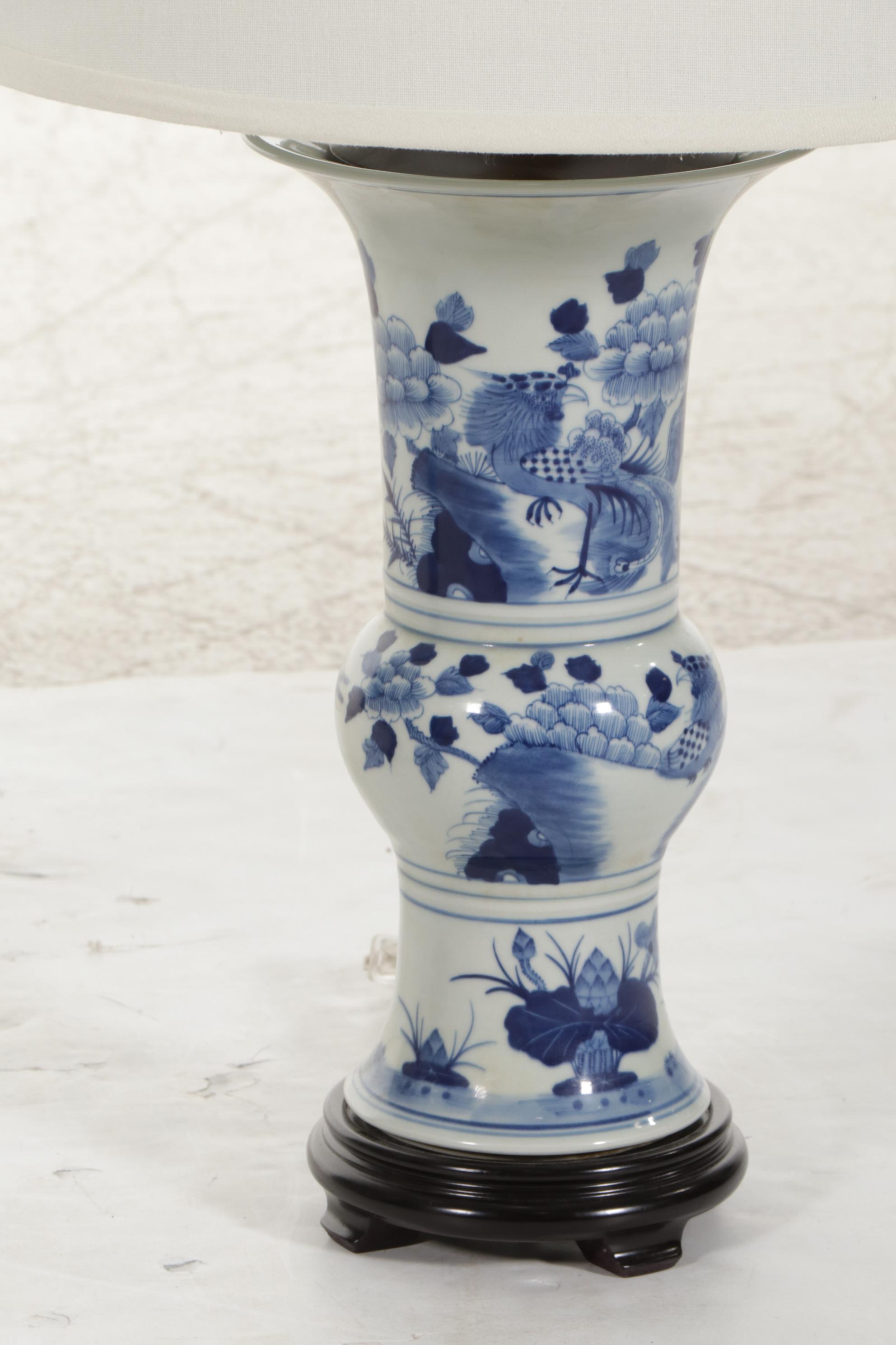 Chinese Blue and White Porcelain Gu Beaker Vase Table Lamps