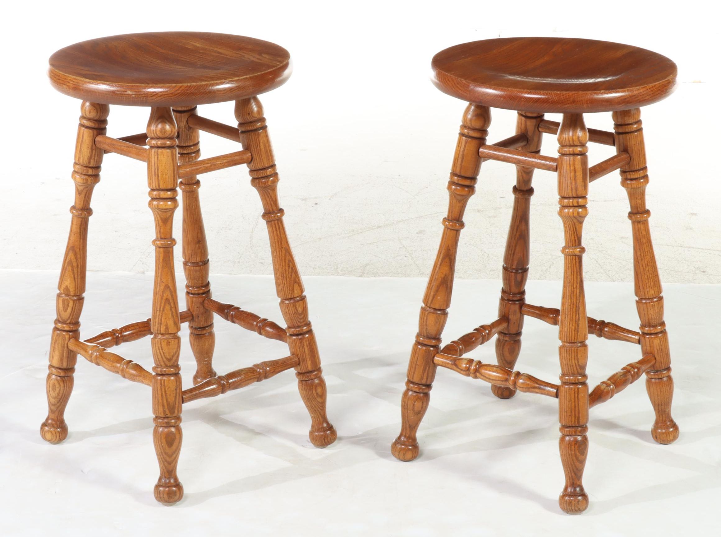 Five Tell City Chair Co. Colonial Style Oak Counter Stools, Late 20th Century