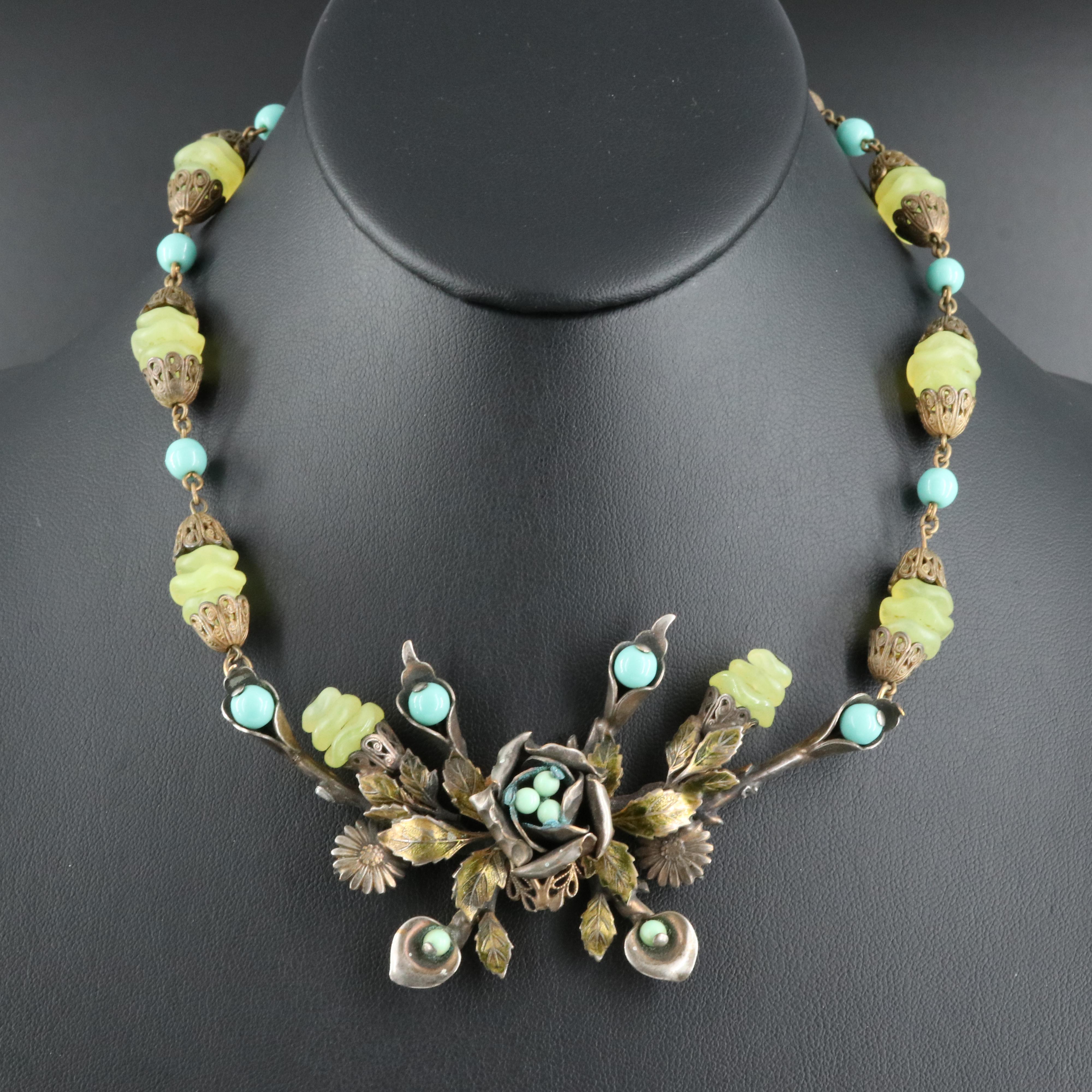 1930s Scalloped Uranium Glass and Faux Turquoise Foliate Necklace