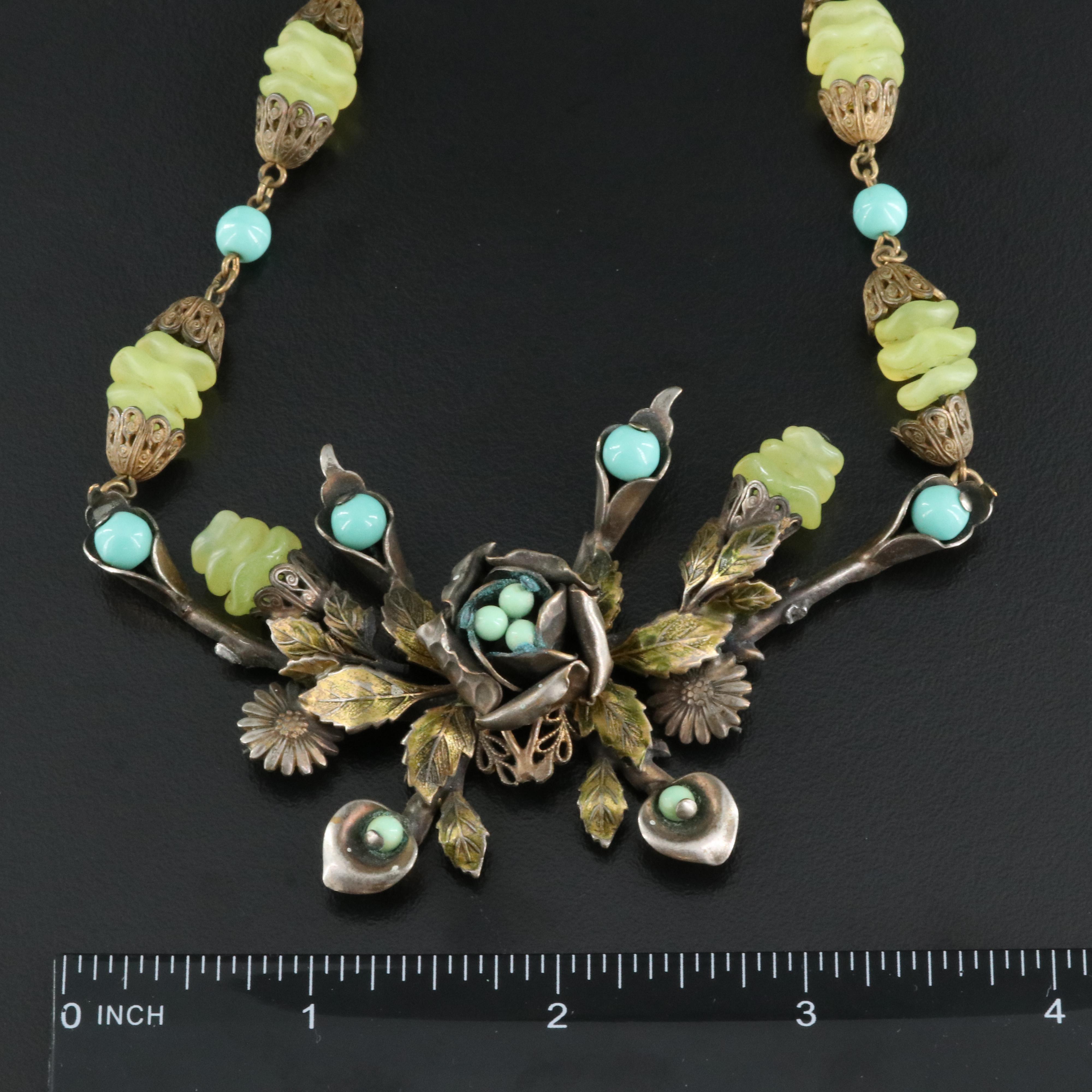 1930s Scalloped Uranium Glass and Faux Turquoise Foliate Necklace