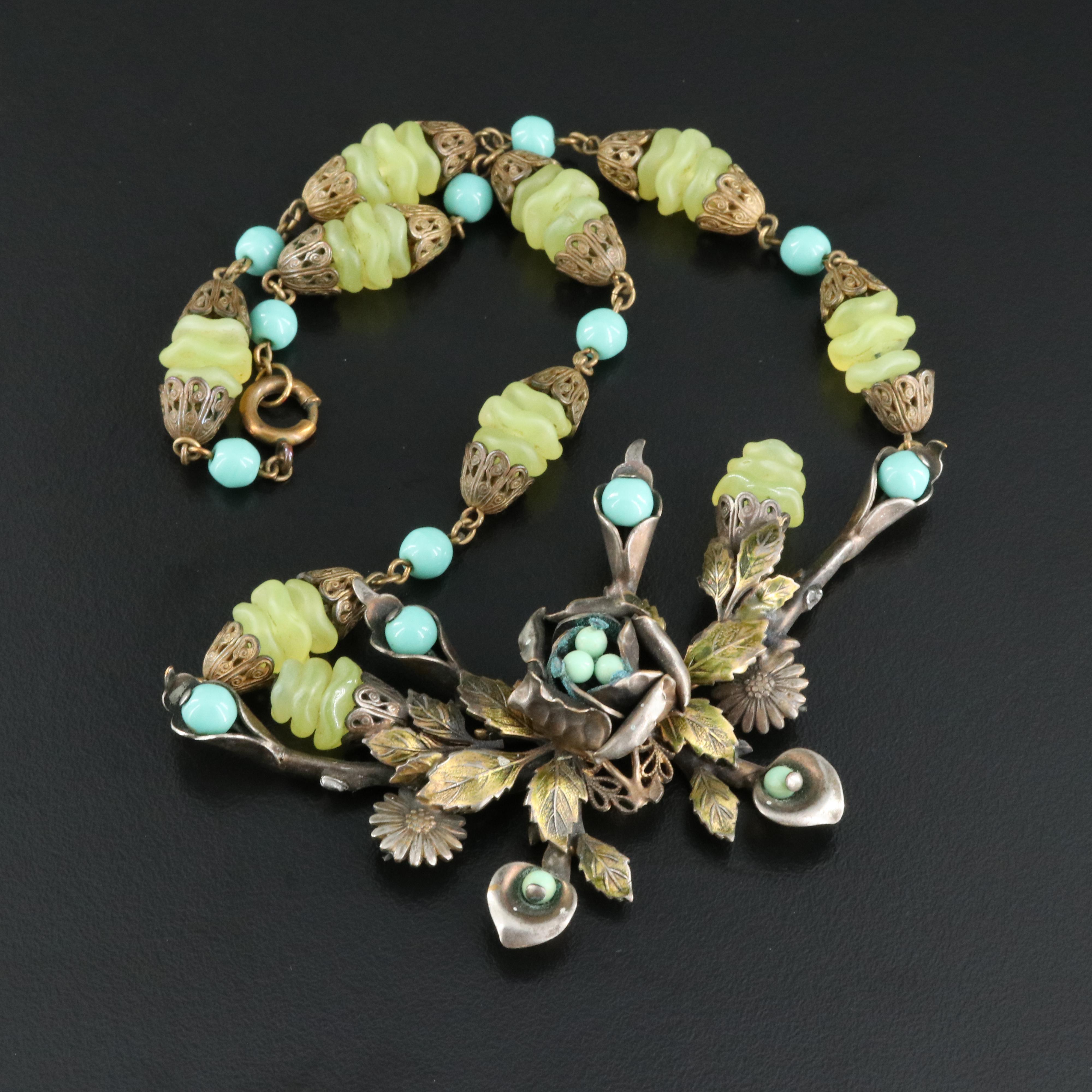 1930s Scalloped Uranium Glass and Faux Turquoise Foliate Necklace