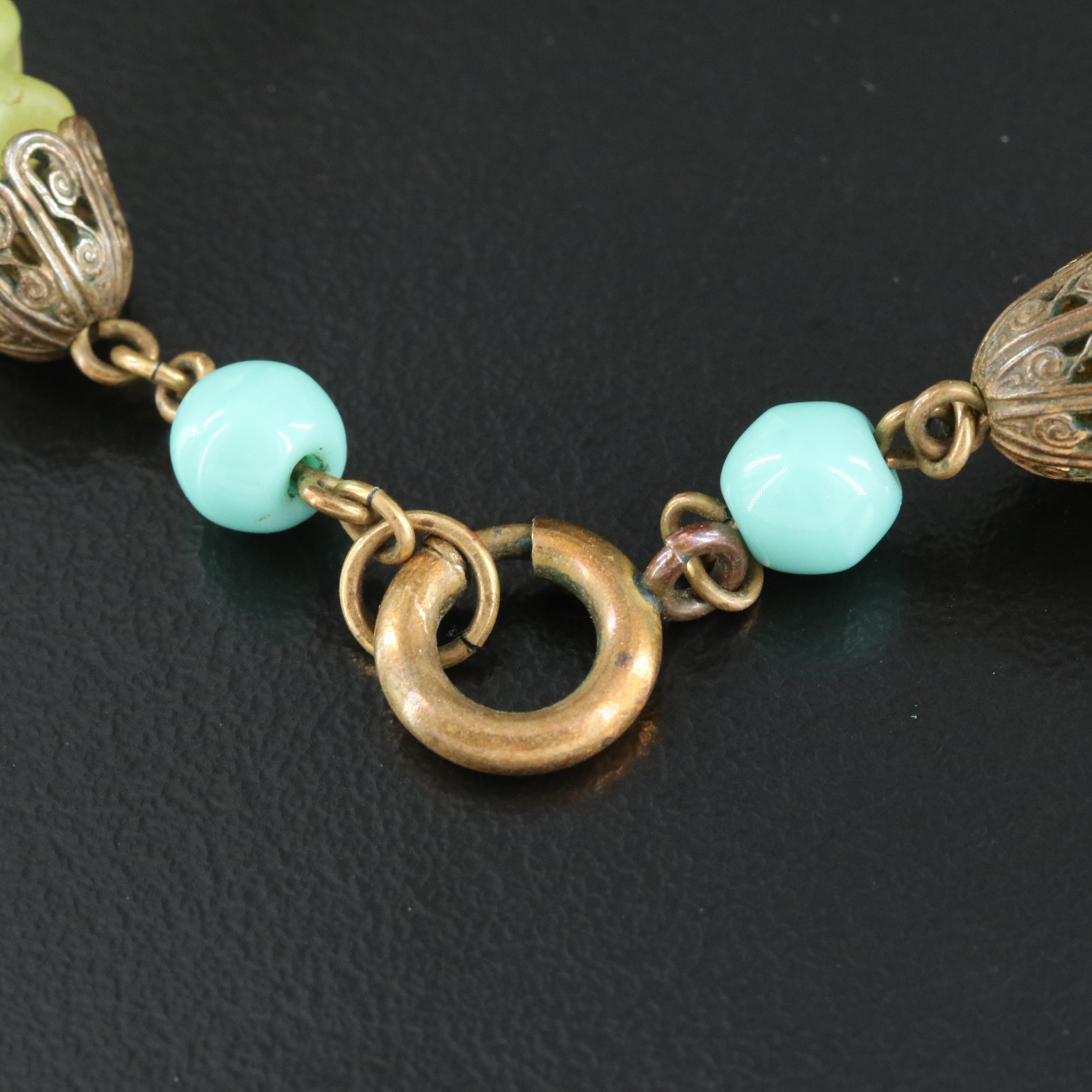 1930s Scalloped Uranium Glass and Faux Turquoise Foliate Necklace