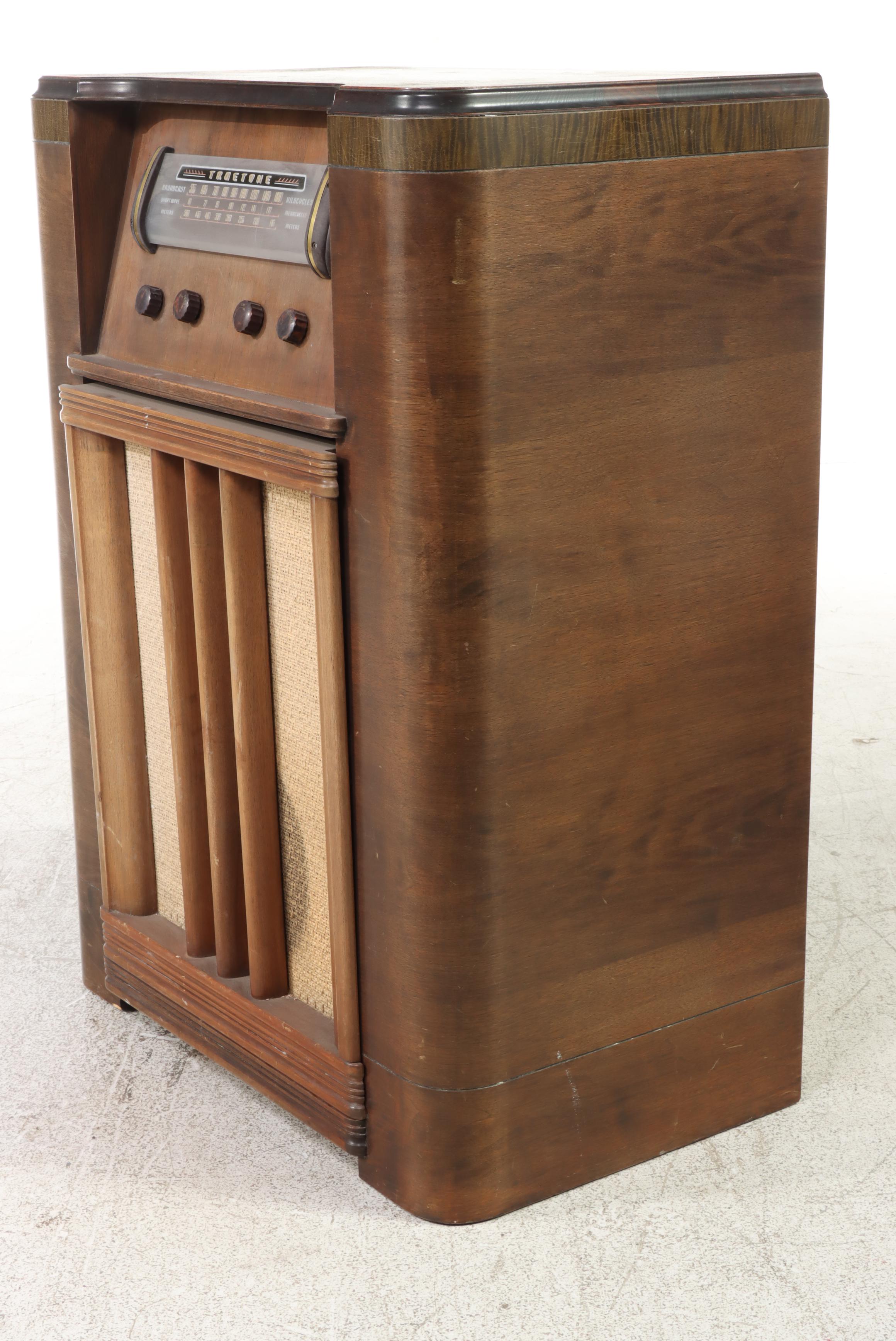 Western Auto Truetone Art Deco Waterfall Walnut-Veneered Floor Radio, 1940s