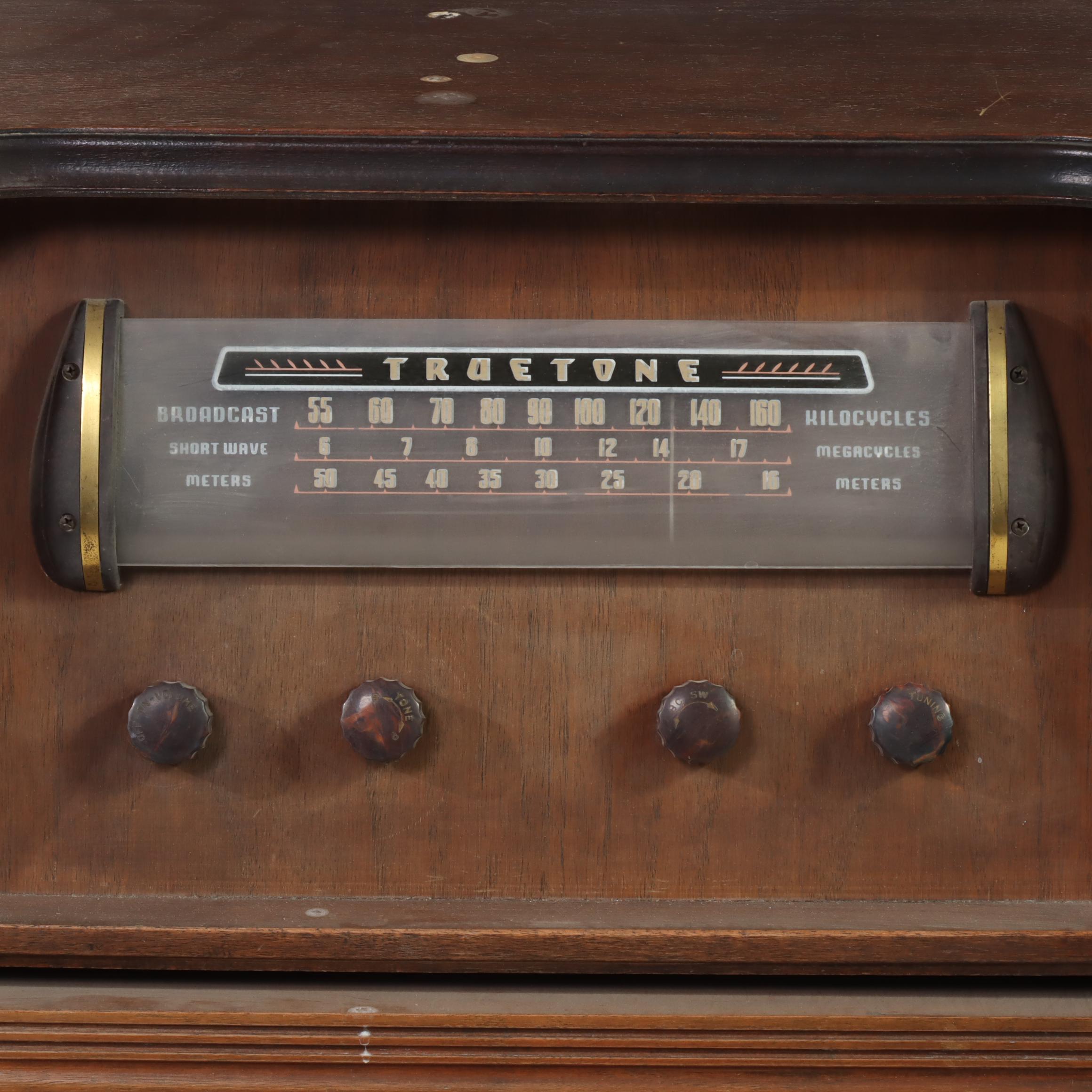 Western Auto Truetone Art Deco Waterfall Walnut-Veneered Floor Radio, 1940s