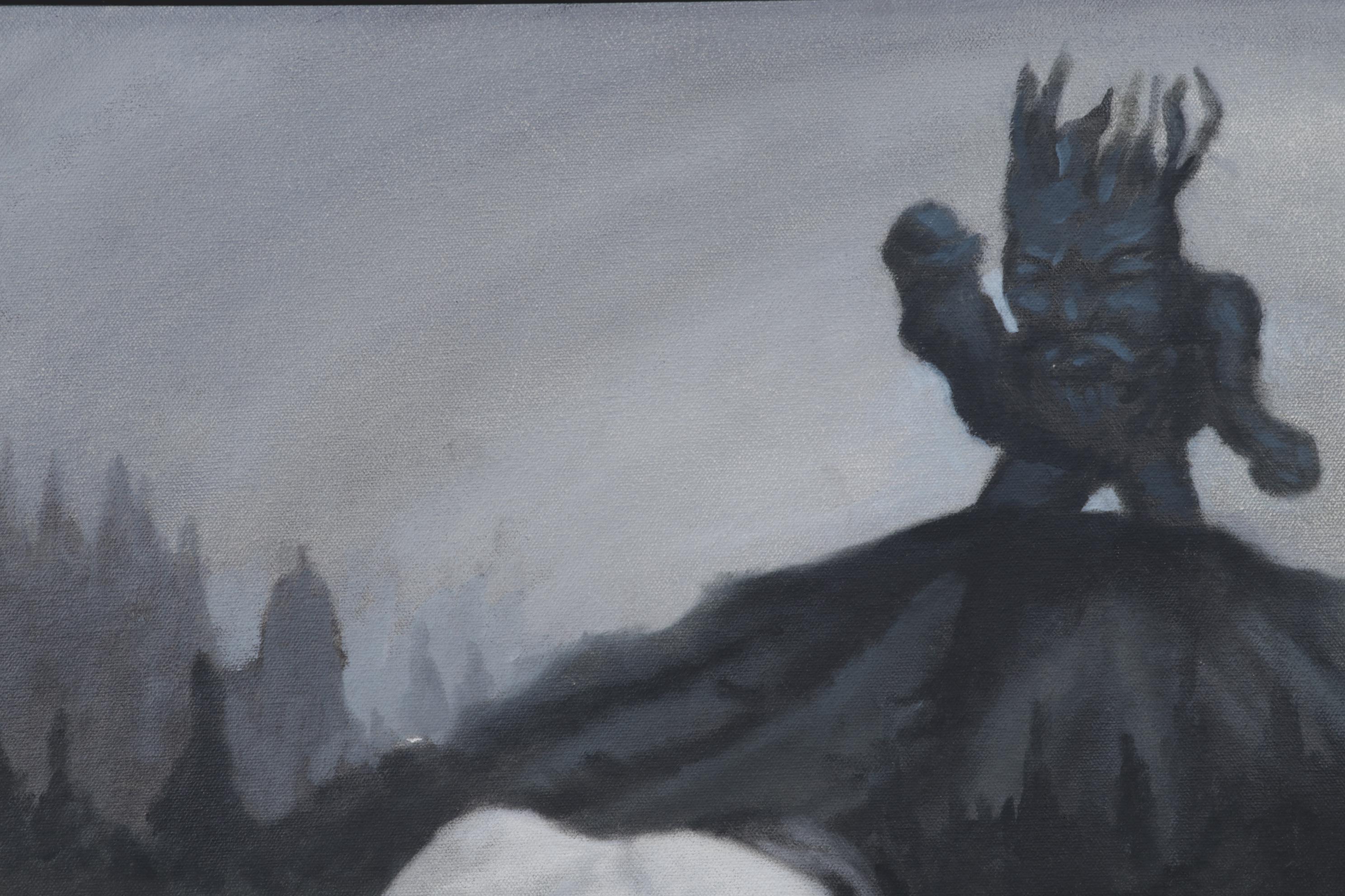 Larry Larson Folk Art Oil Painting of Crouching Woman and Monster