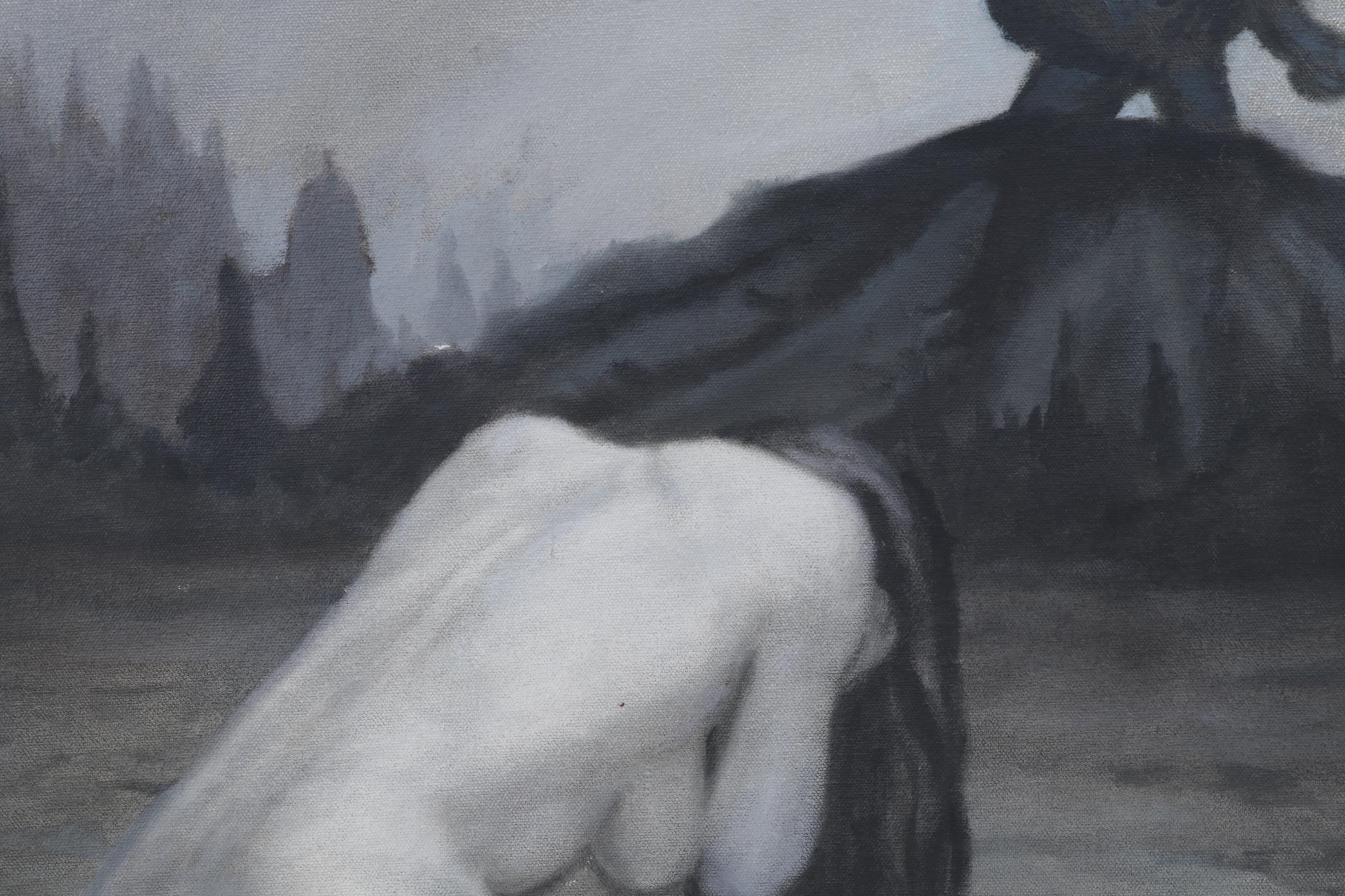 Larry Larson Folk Art Oil Painting of Crouching Woman and Monster