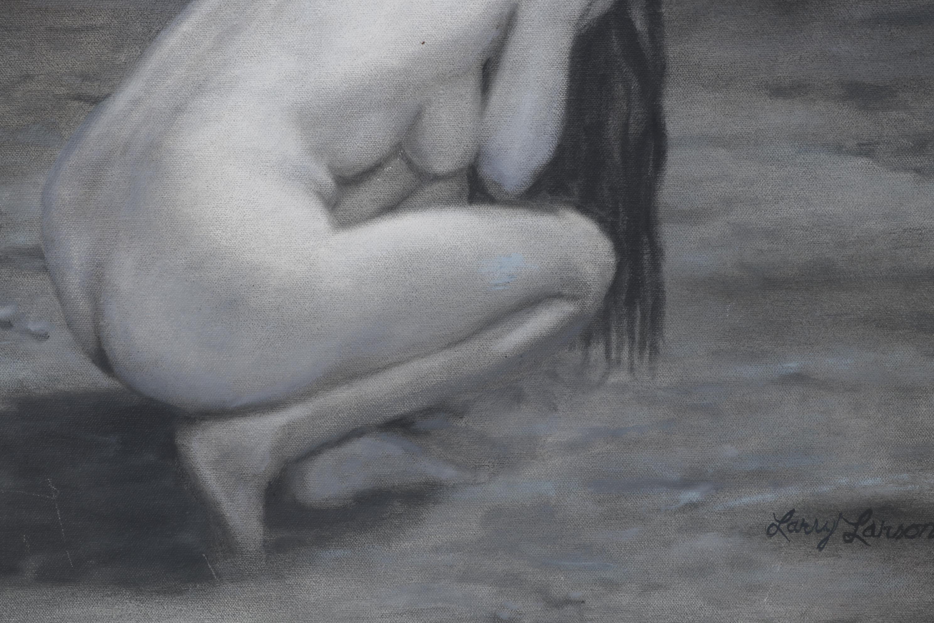 Larry Larson Folk Art Oil Painting of Crouching Woman and Monster