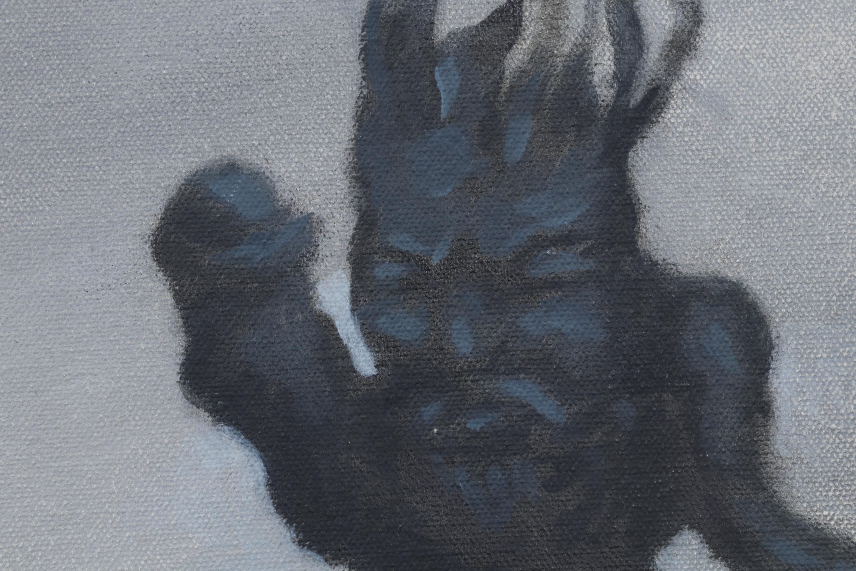 Larry Larson Folk Art Oil Painting of Crouching Woman and Monster