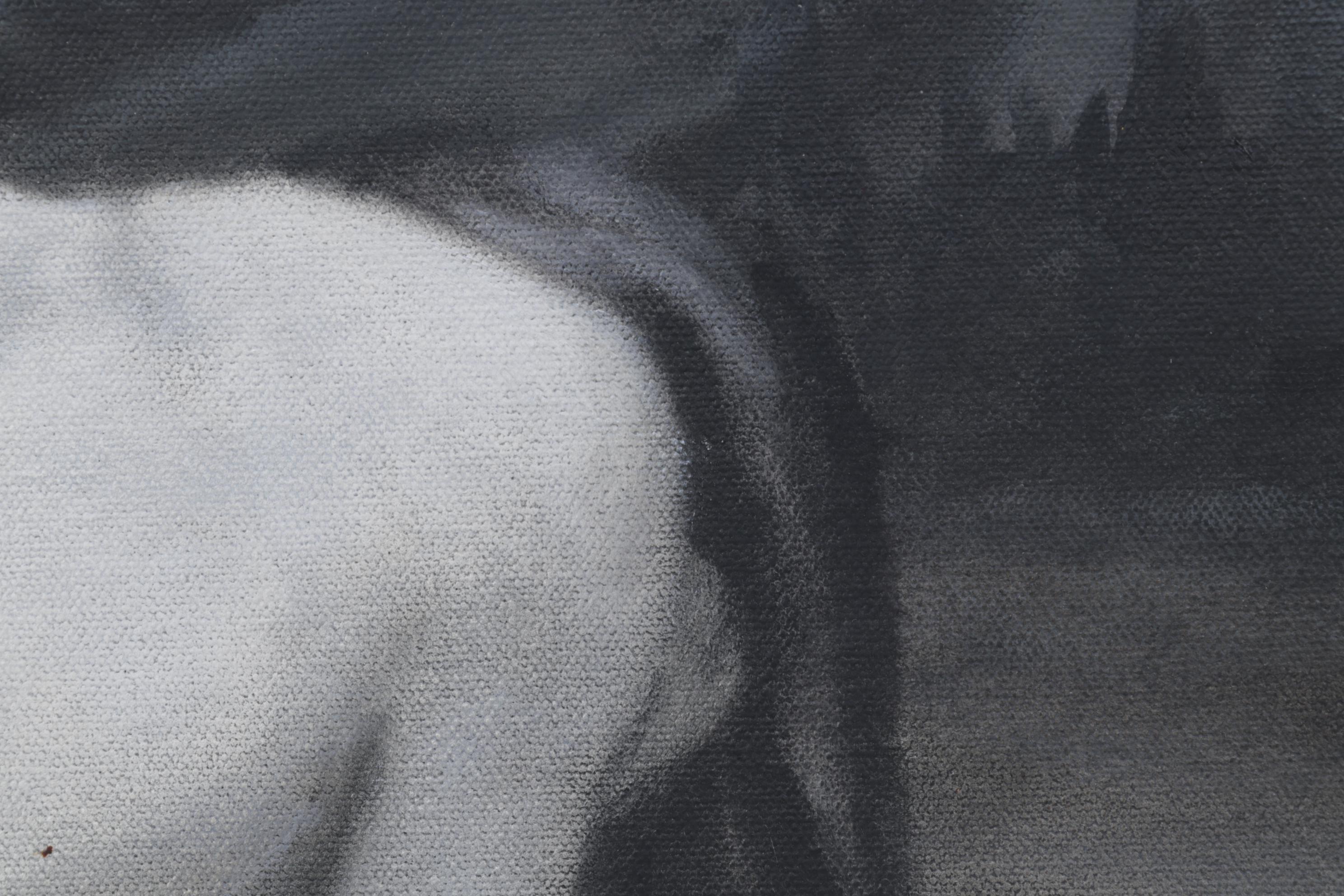 Larry Larson Folk Art Oil Painting of Crouching Woman and Monster