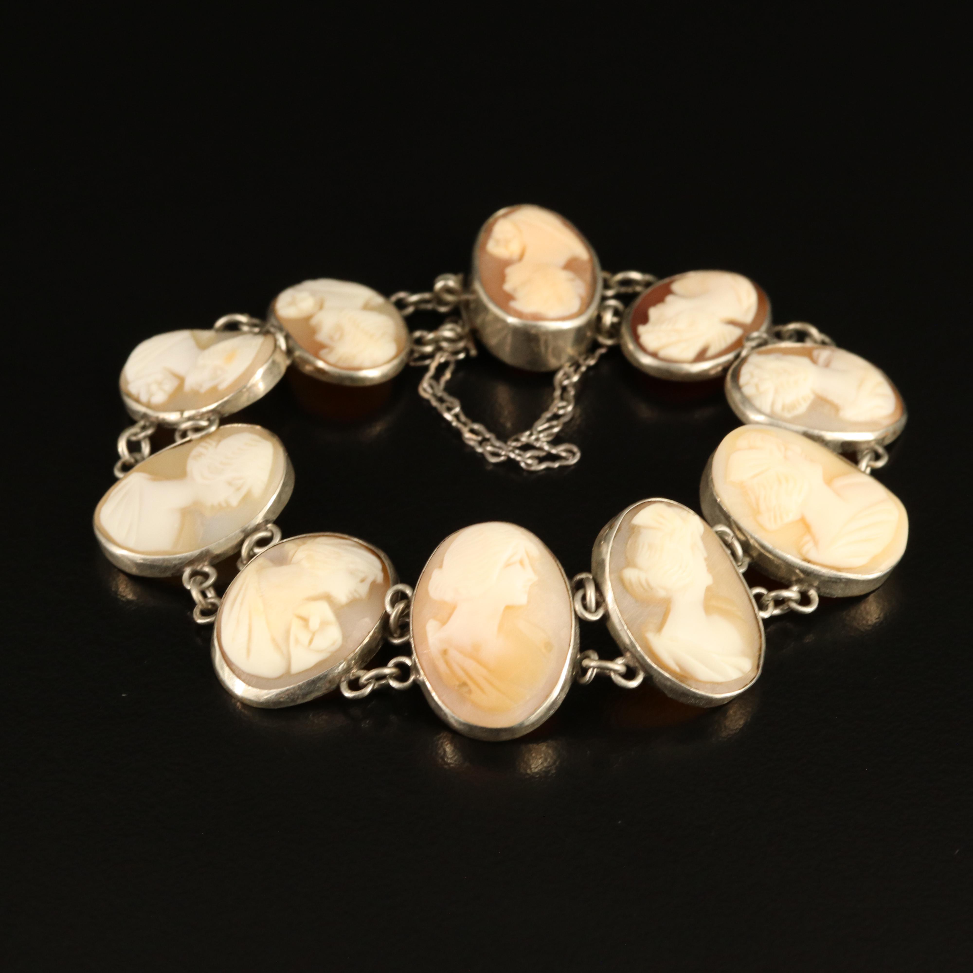 Vintage 800 Silver Graduated Shell Cameo Bracelet