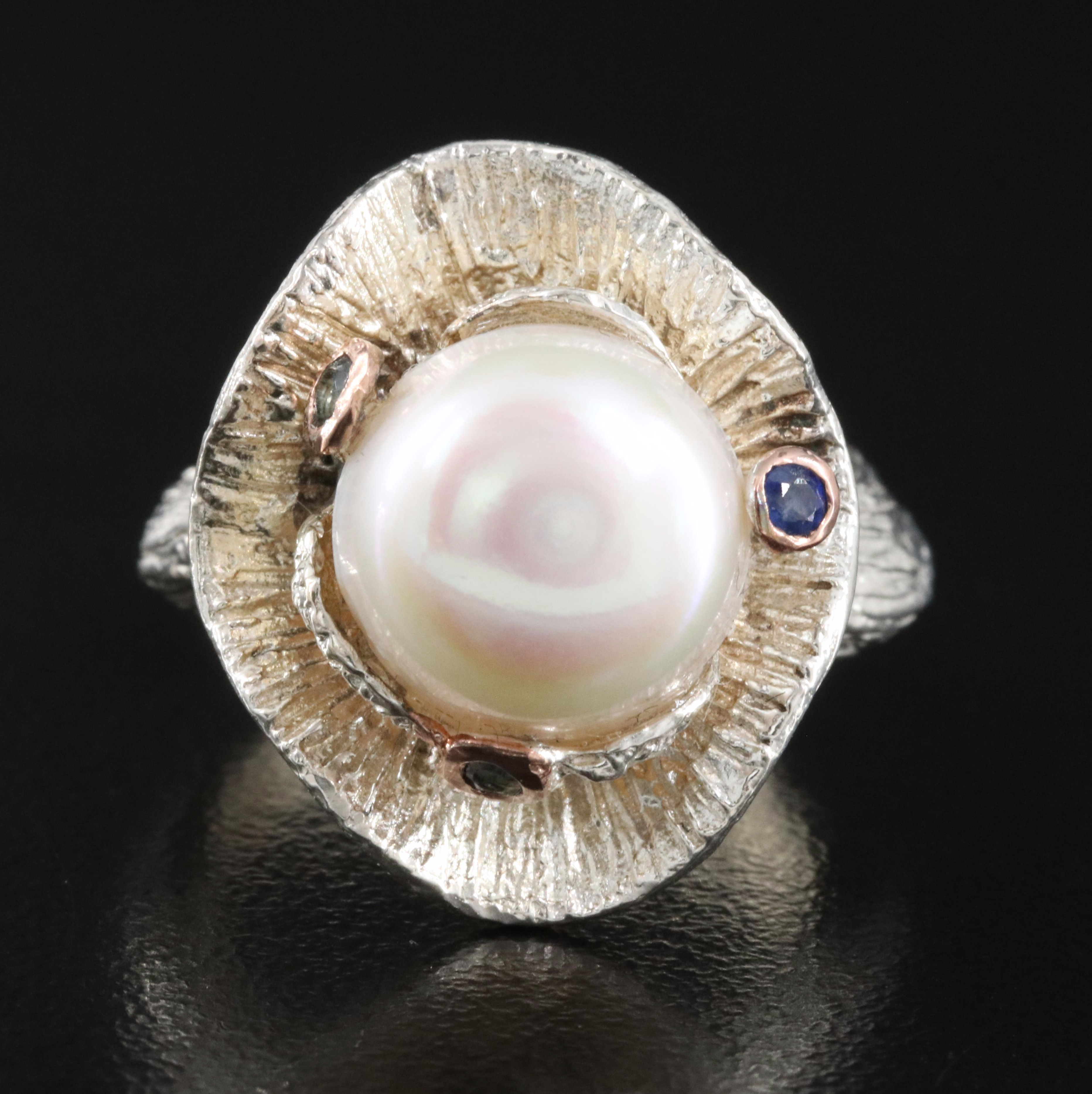 Sterling Pearl and Sapphire Organic Ring