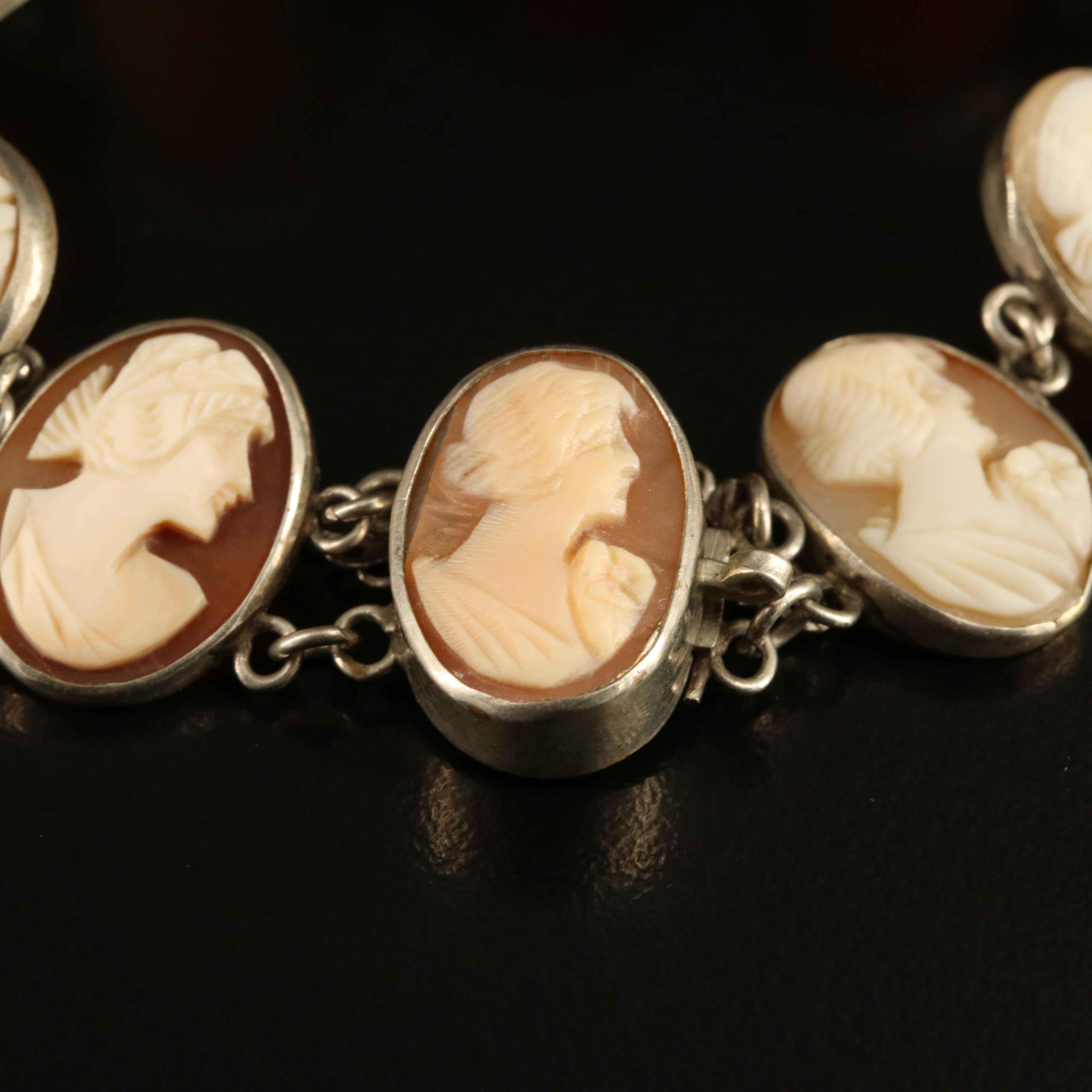 Vintage 800 Silver Graduated Shell Cameo Bracelet