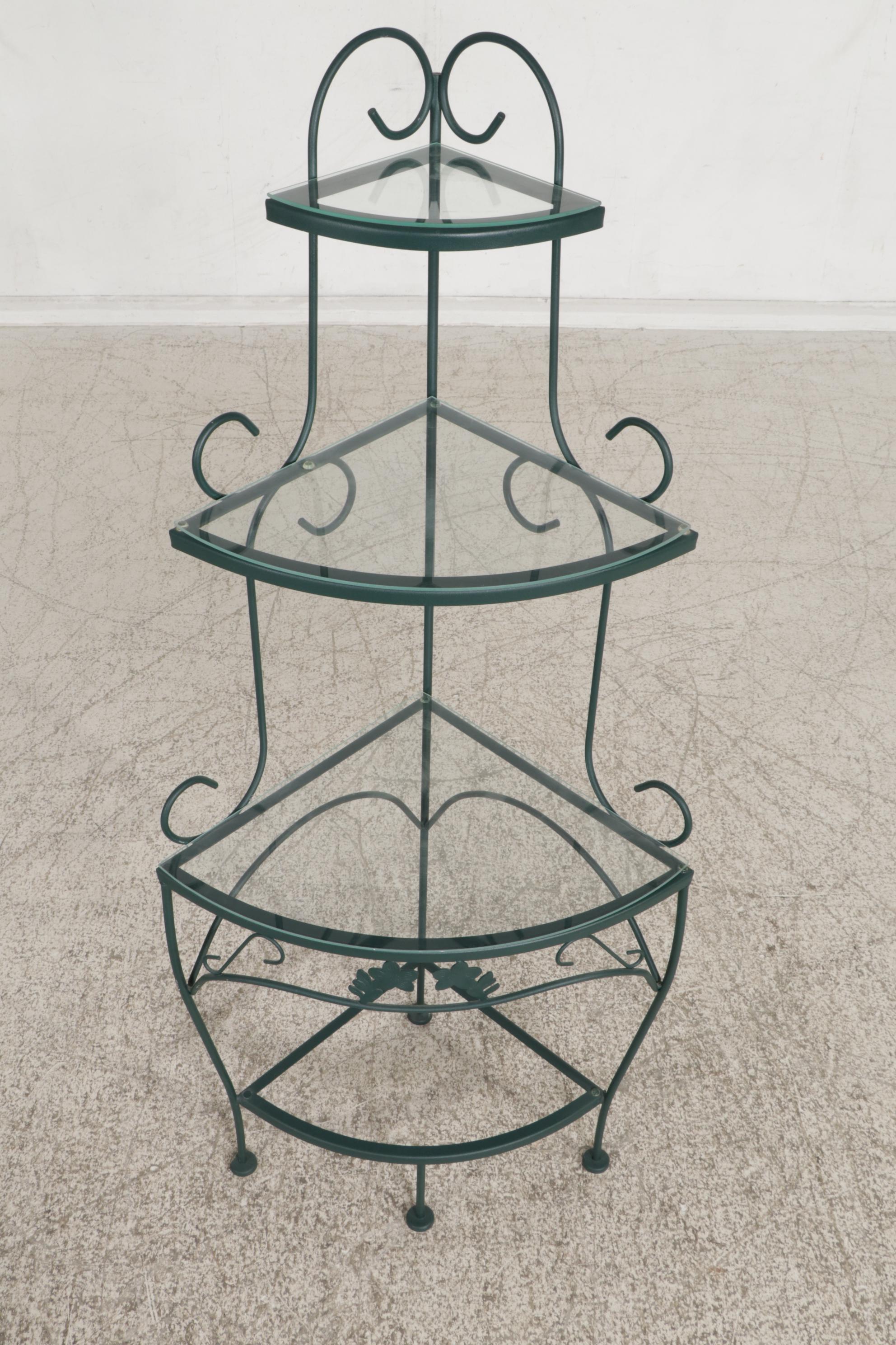 Scrolled Metal and Glass Shelf Tiered Corner Étagère