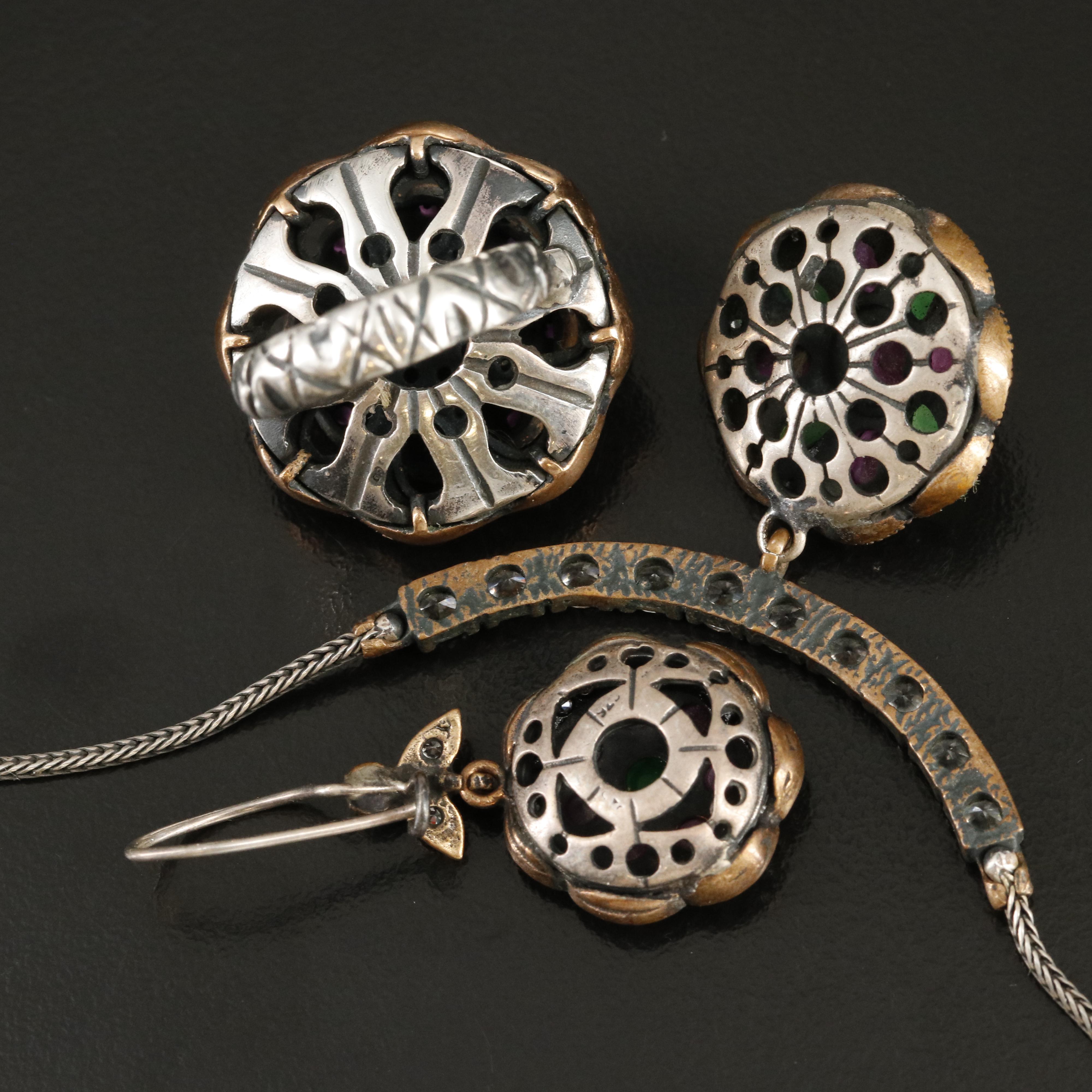 Sterling Cubic Zirconia and Glass Necklace, Earrings and Ring Set