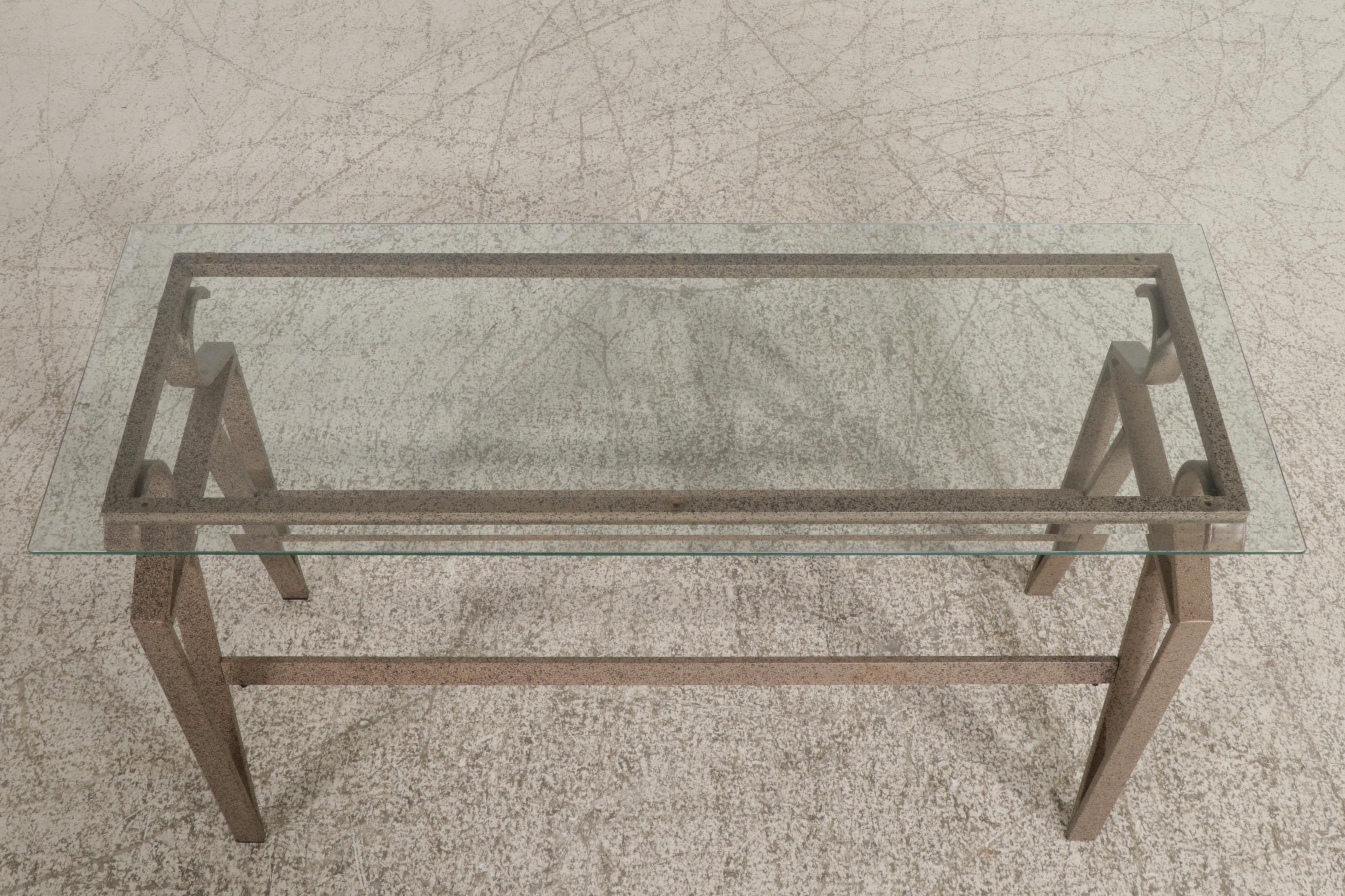 Patinated Metal and Glass Top Console Table