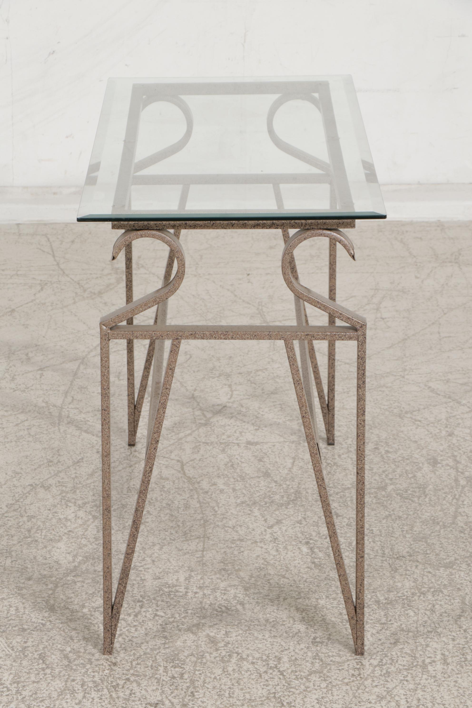 Patinated Metal and Glass Top Console Table