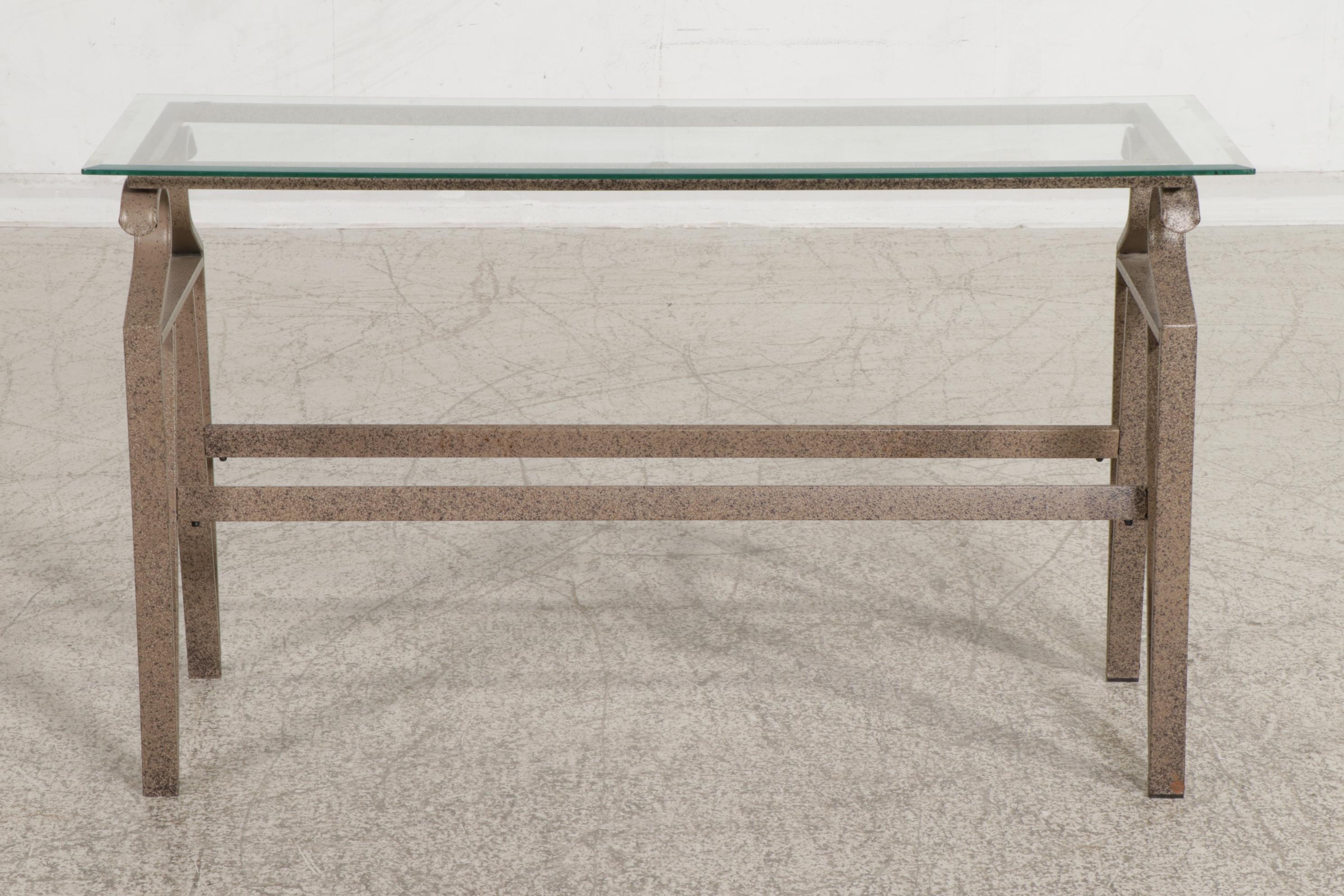 Patinated Metal and Glass Top Console Table