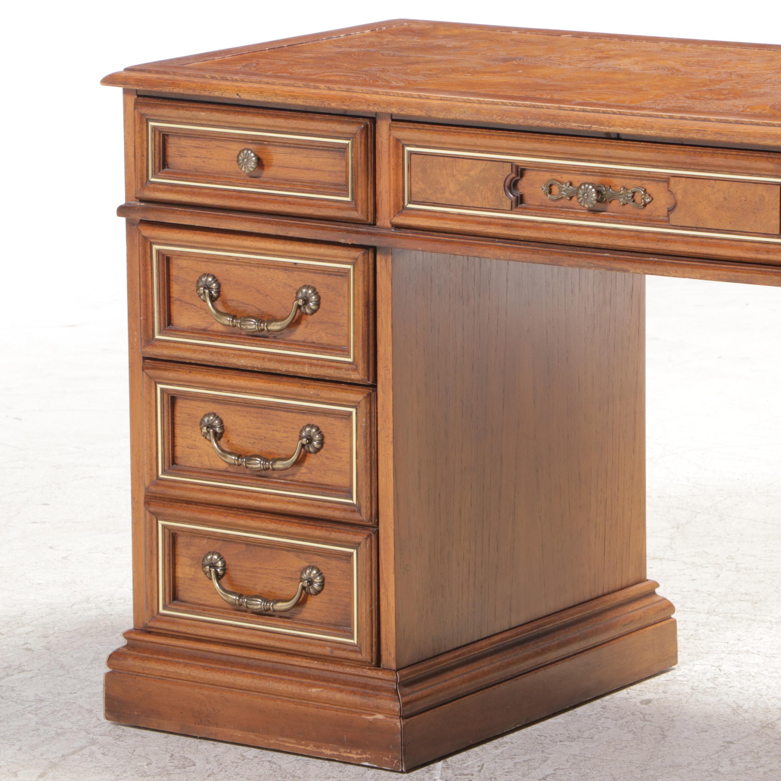 Pecan and Burlwood Top Kneehole Desk, Mid to Late 20th Century