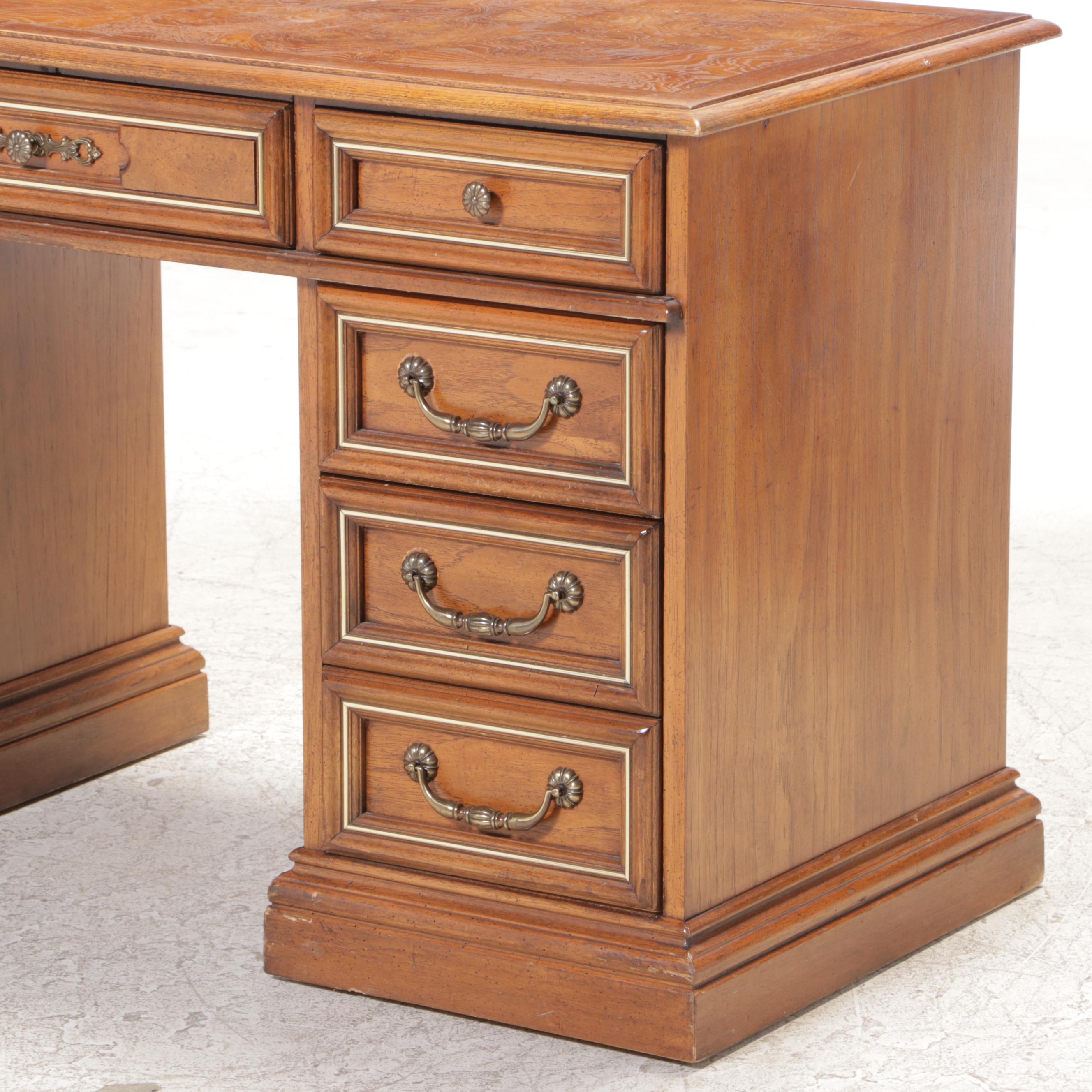 Pecan and Burlwood Top Kneehole Desk, Mid to Late 20th Century