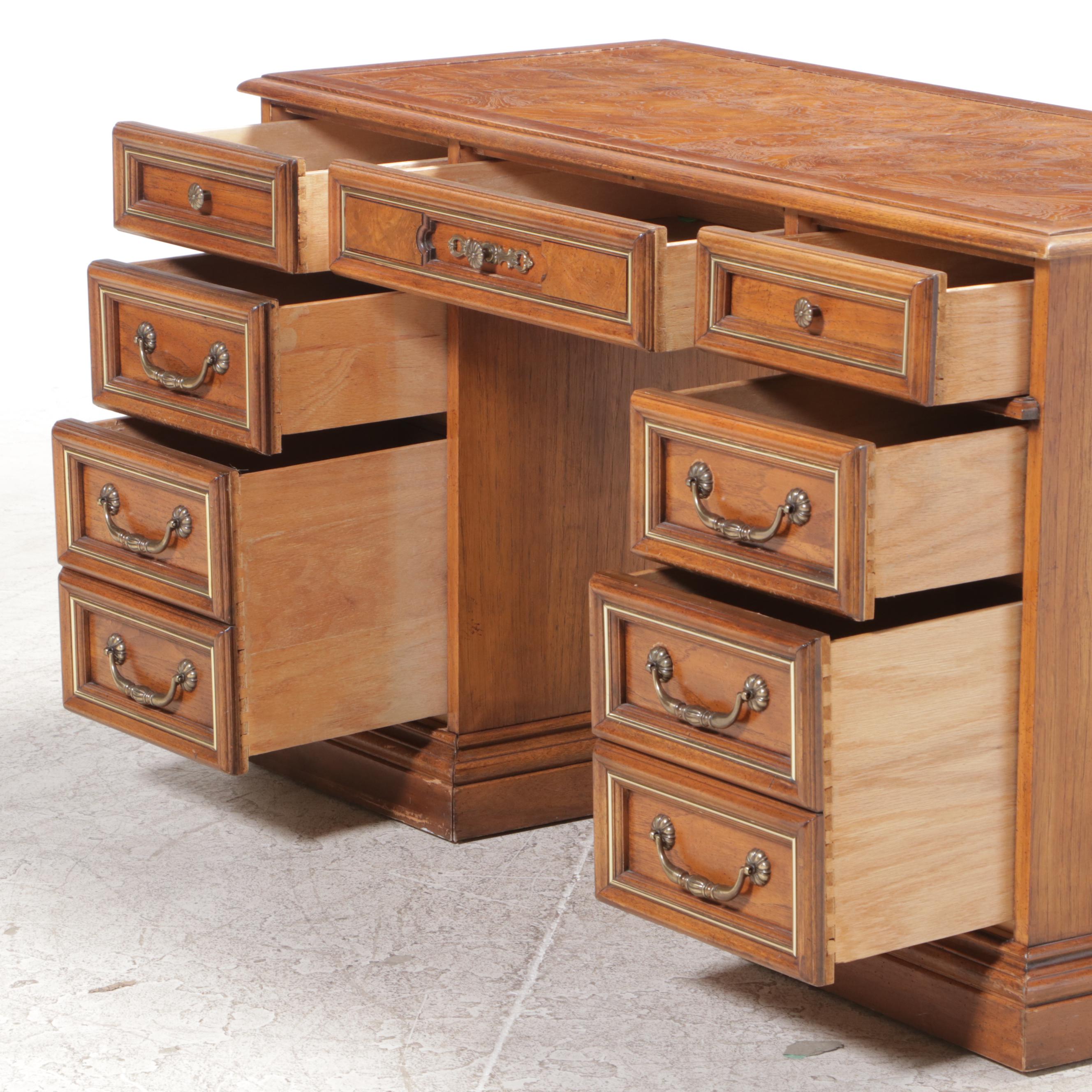 Pecan and Burlwood Top Kneehole Desk, Mid to Late 20th Century