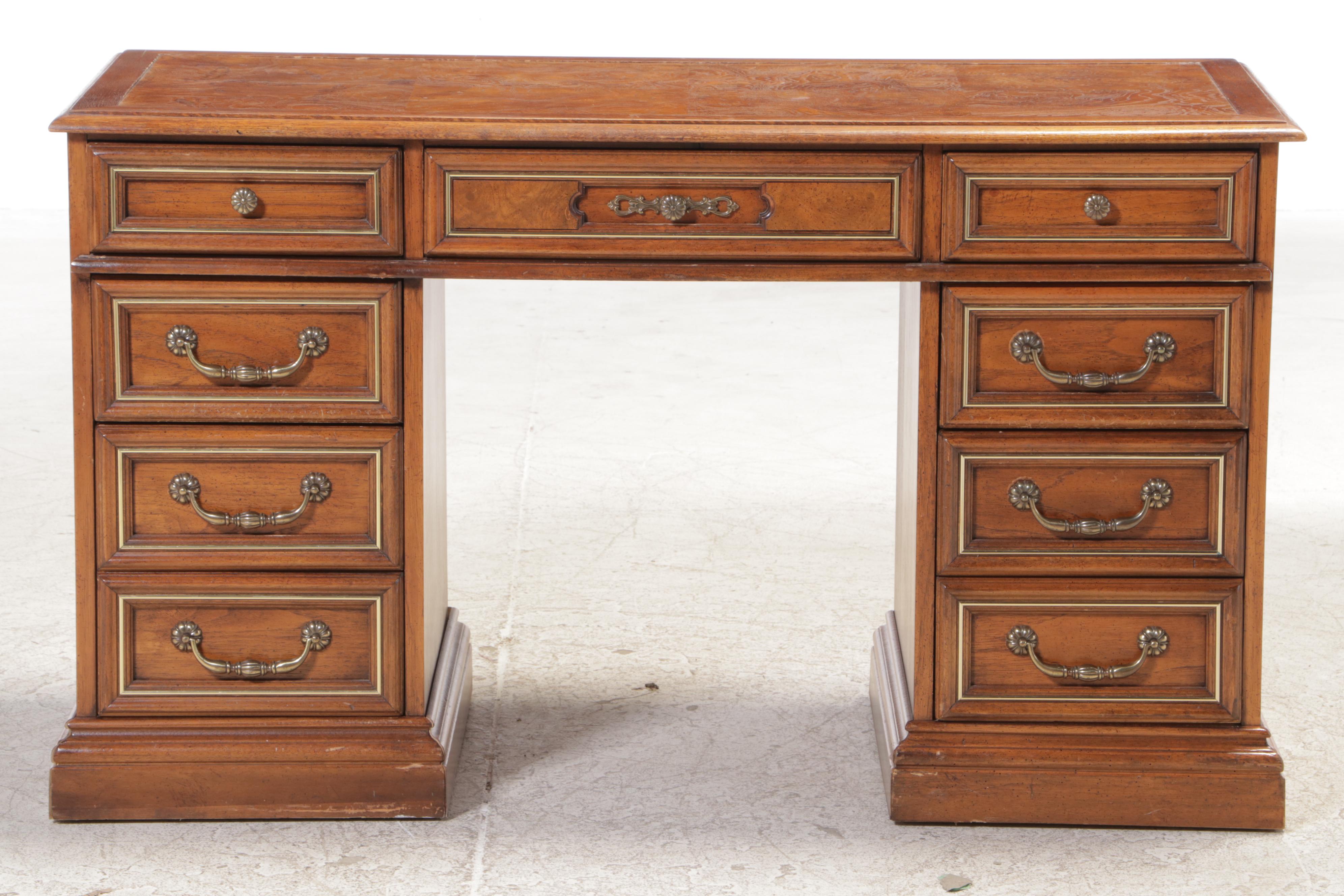 Pecan and Burlwood Top Kneehole Desk, Mid to Late 20th Century