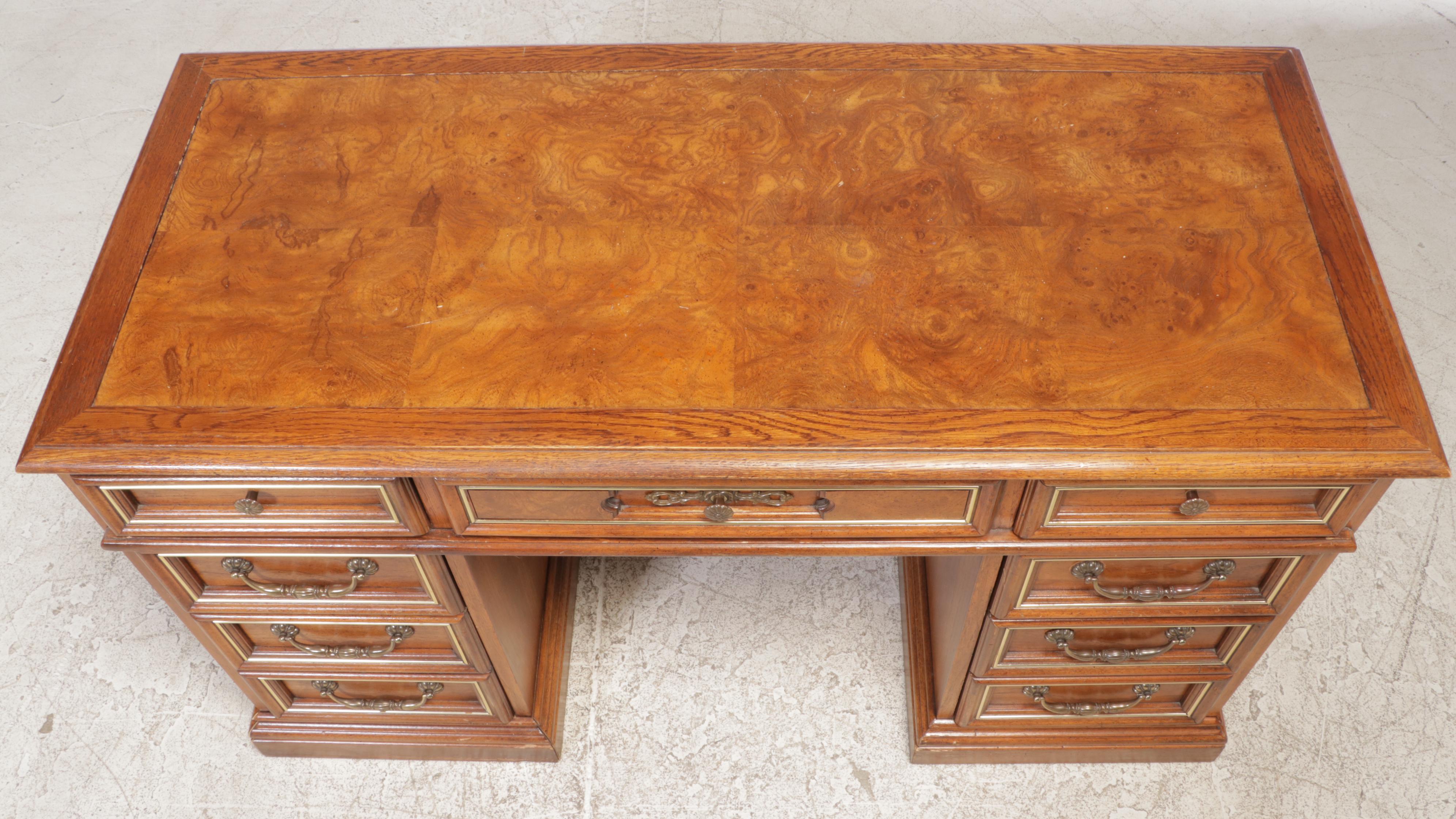Pecan and Burlwood Top Kneehole Desk, Mid to Late 20th Century