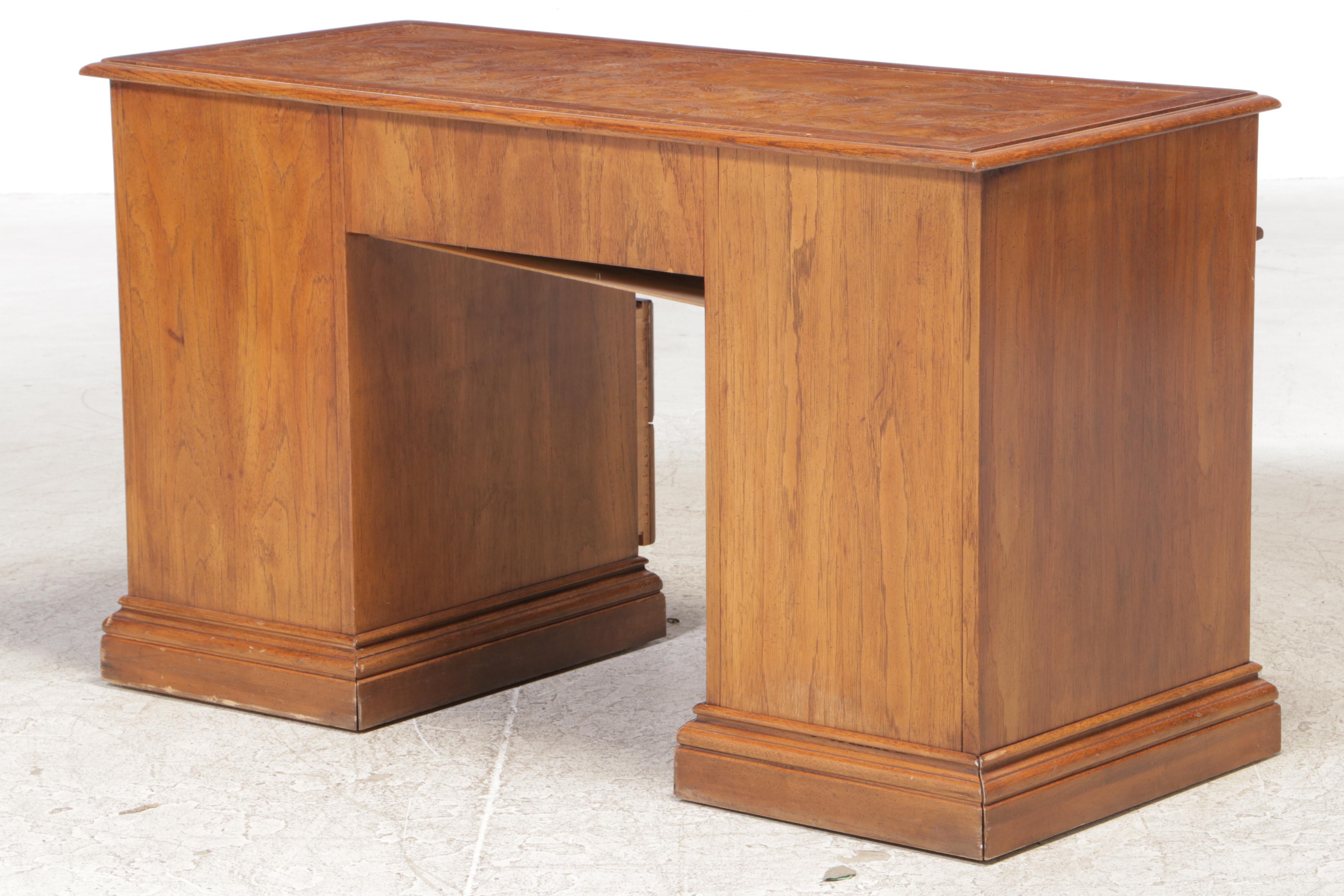 Pecan and Burlwood Top Kneehole Desk, Mid to Late 20th Century