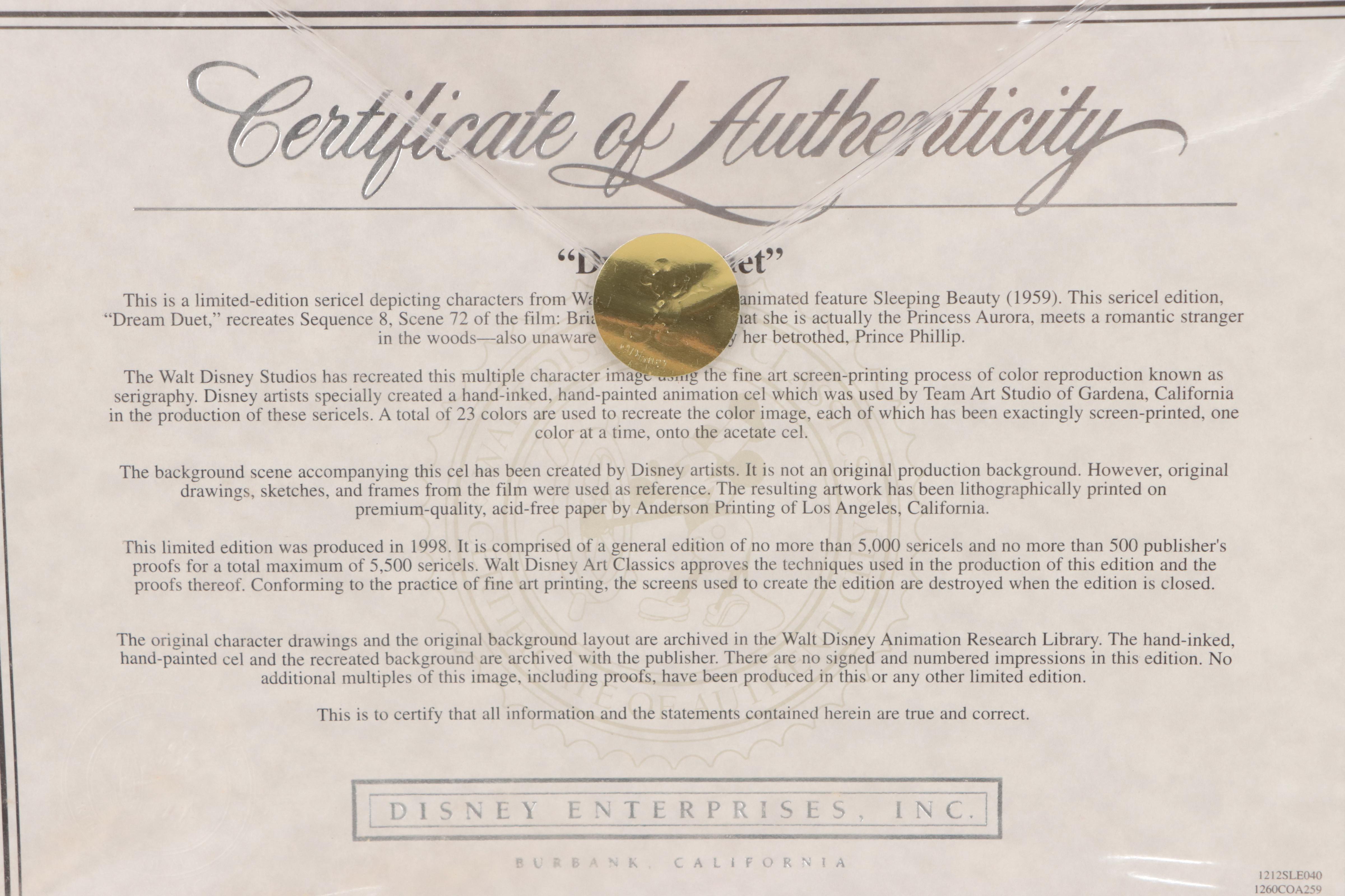 Disney Sericel Signed by Character Voice Artist  "Dream Duet," 1998