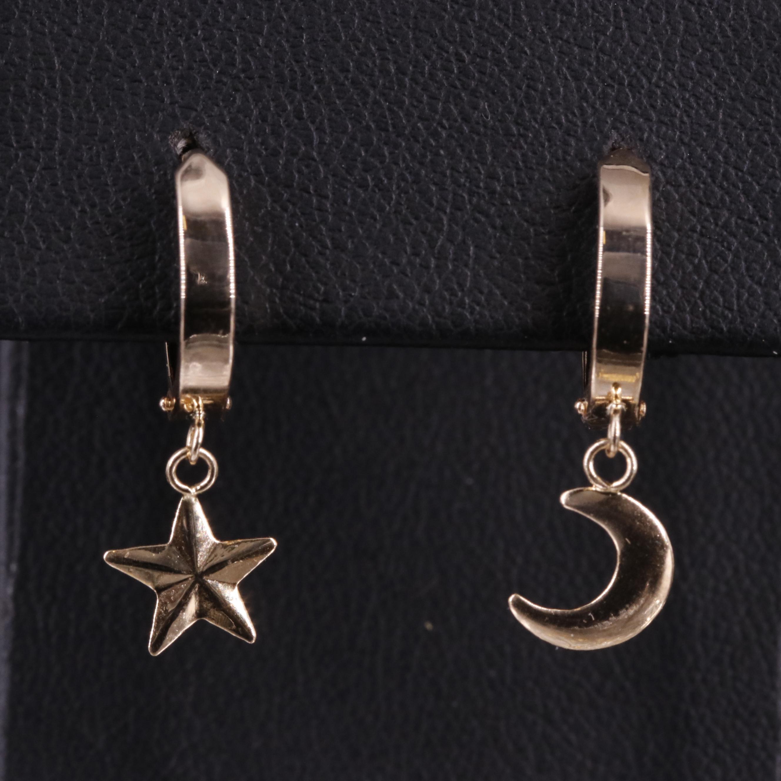 10K Star and Crescent Moon Huggie Earrings