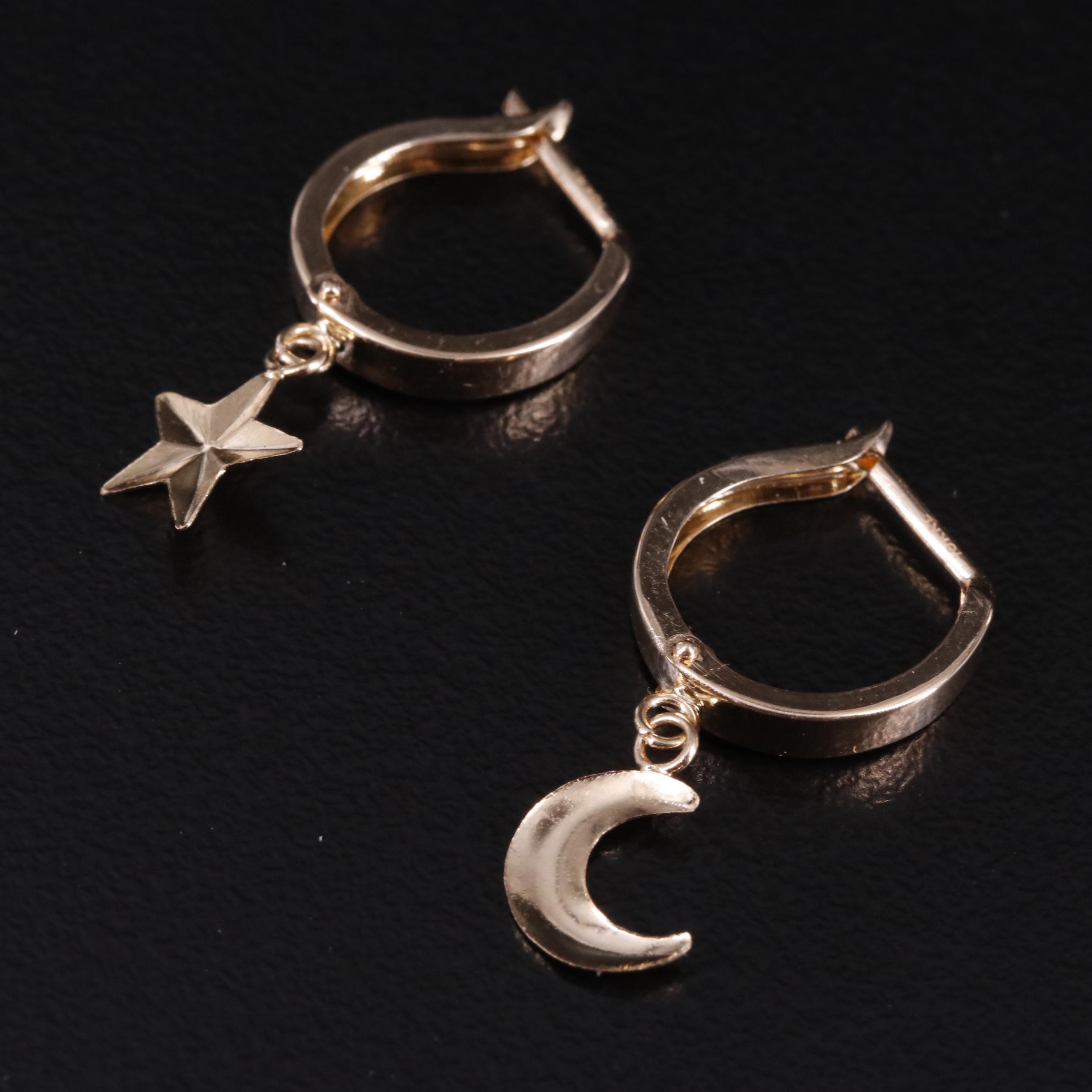 10K Star and Crescent Moon Huggie Earrings