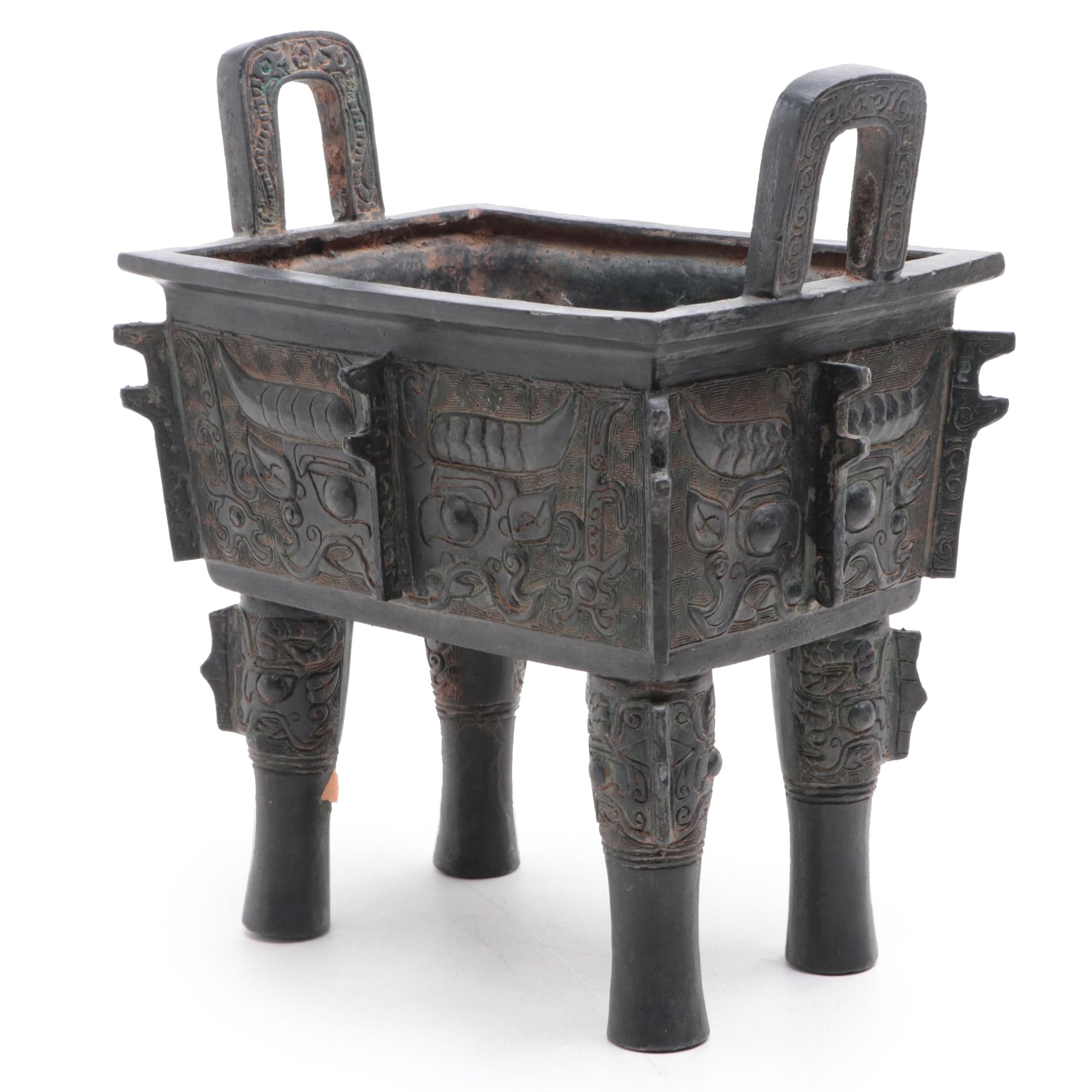 Chinese Shang Style Taotie Bronzed Cast Metal Fangding Ritual Vessel