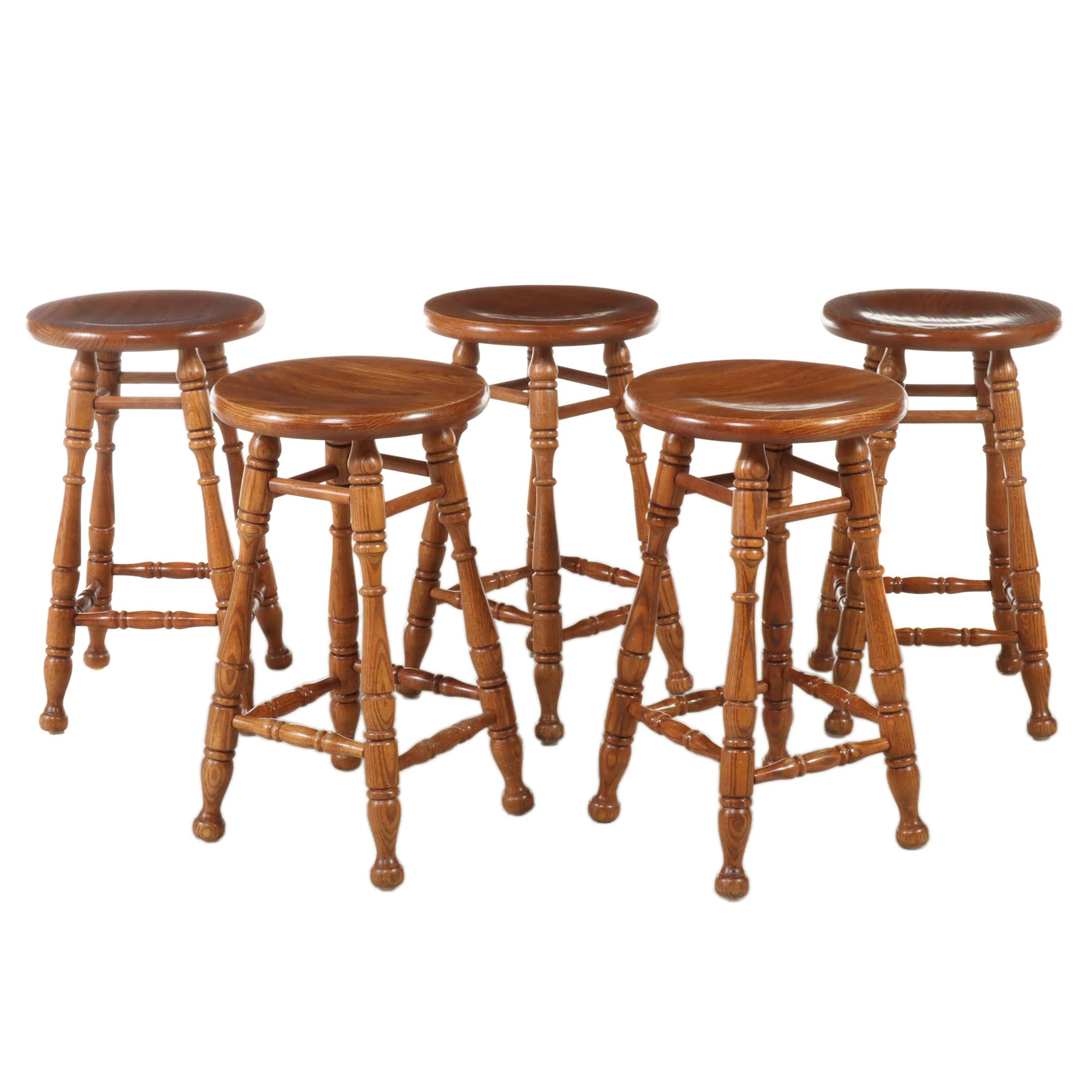Five Tell City Chair Co. Colonial Style Oak Counter Stools, Late 20th Century