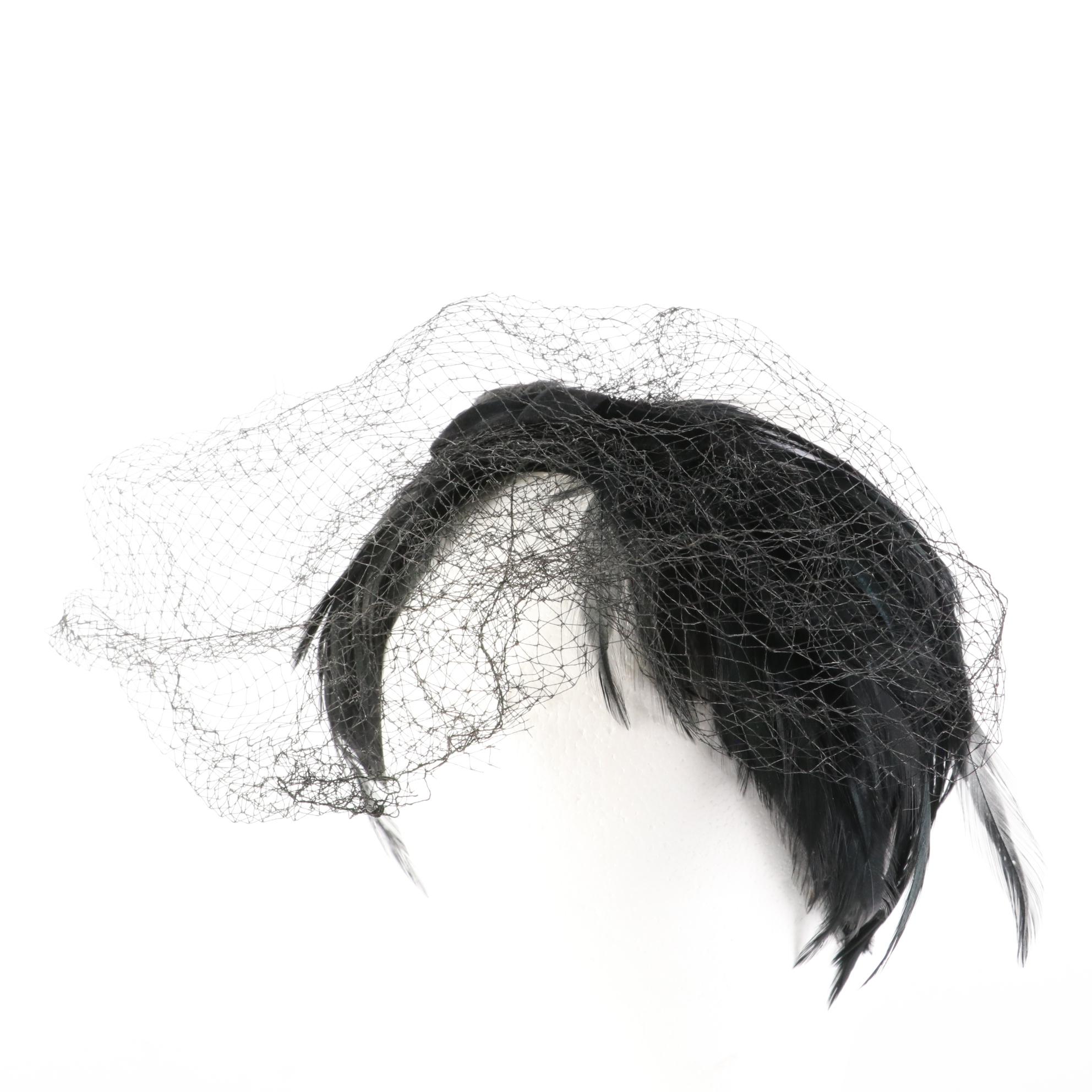 Vintage Mesh Whimsy Hat, Chicken Feather and Rabbit Fur Headbands, and Fur Calot