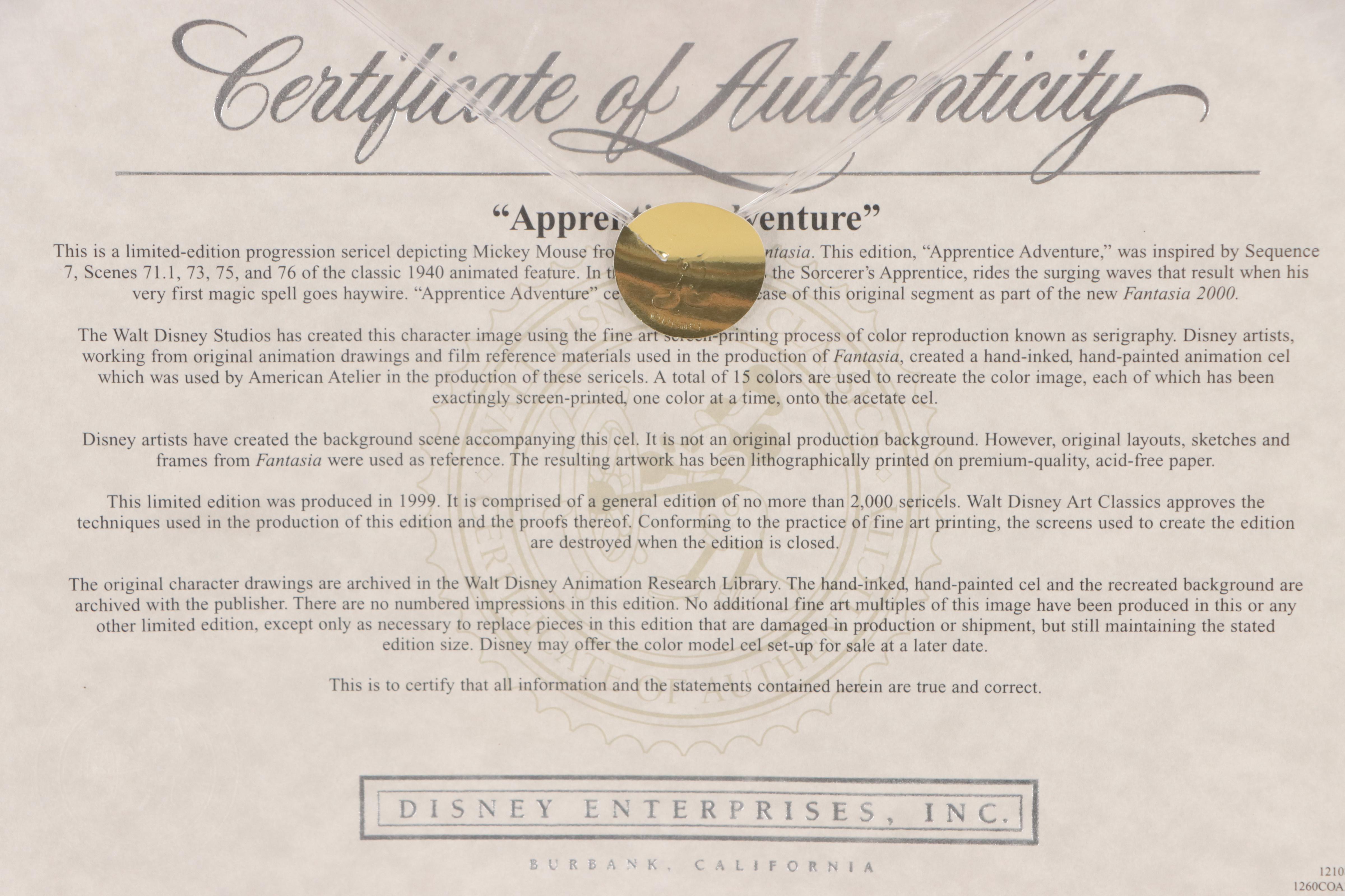Disney Fantasia Sericel "Apprentice Adventure," 1999