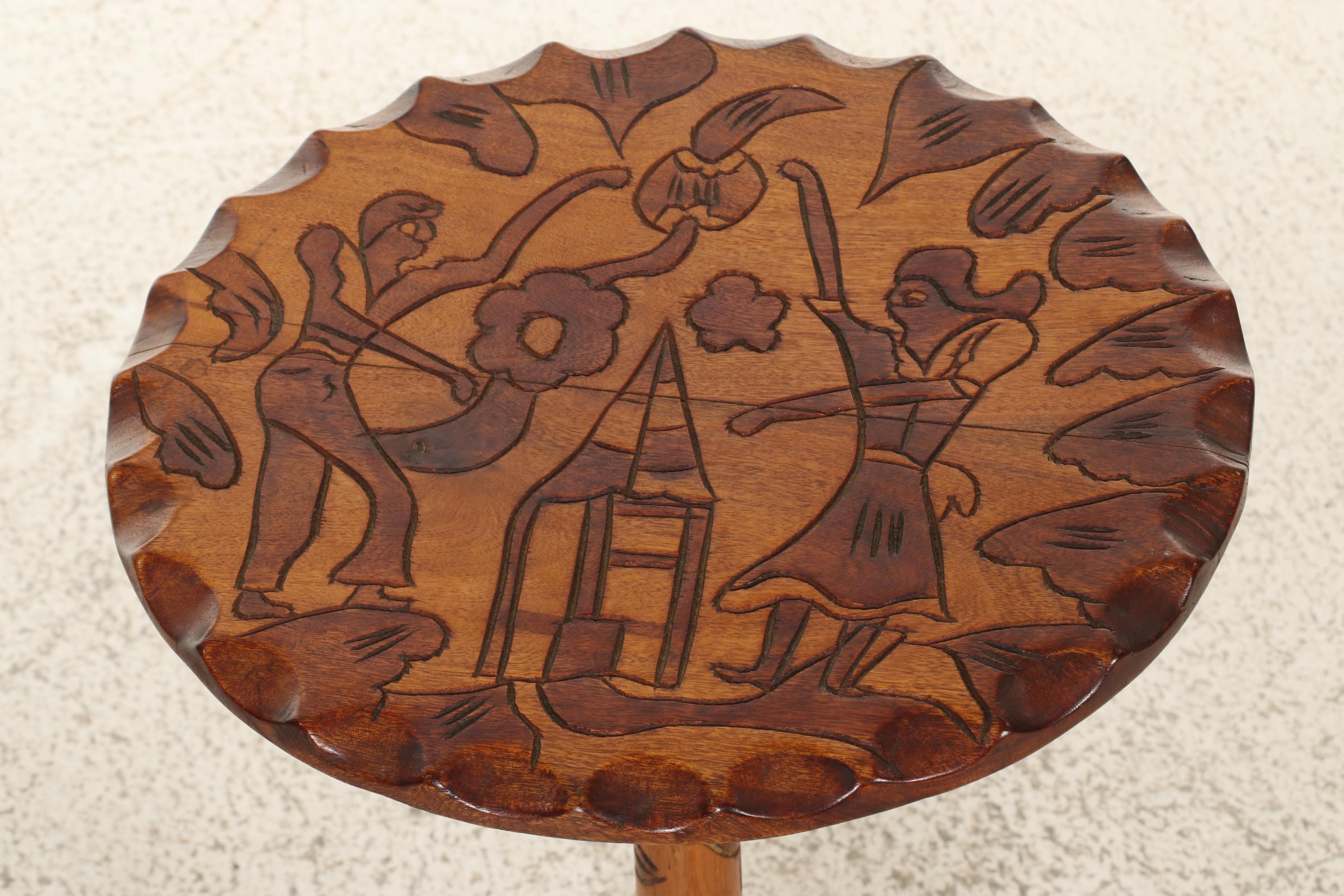 Haitian Style Folk-Carved Wooden Tilt Top Pedestal Table