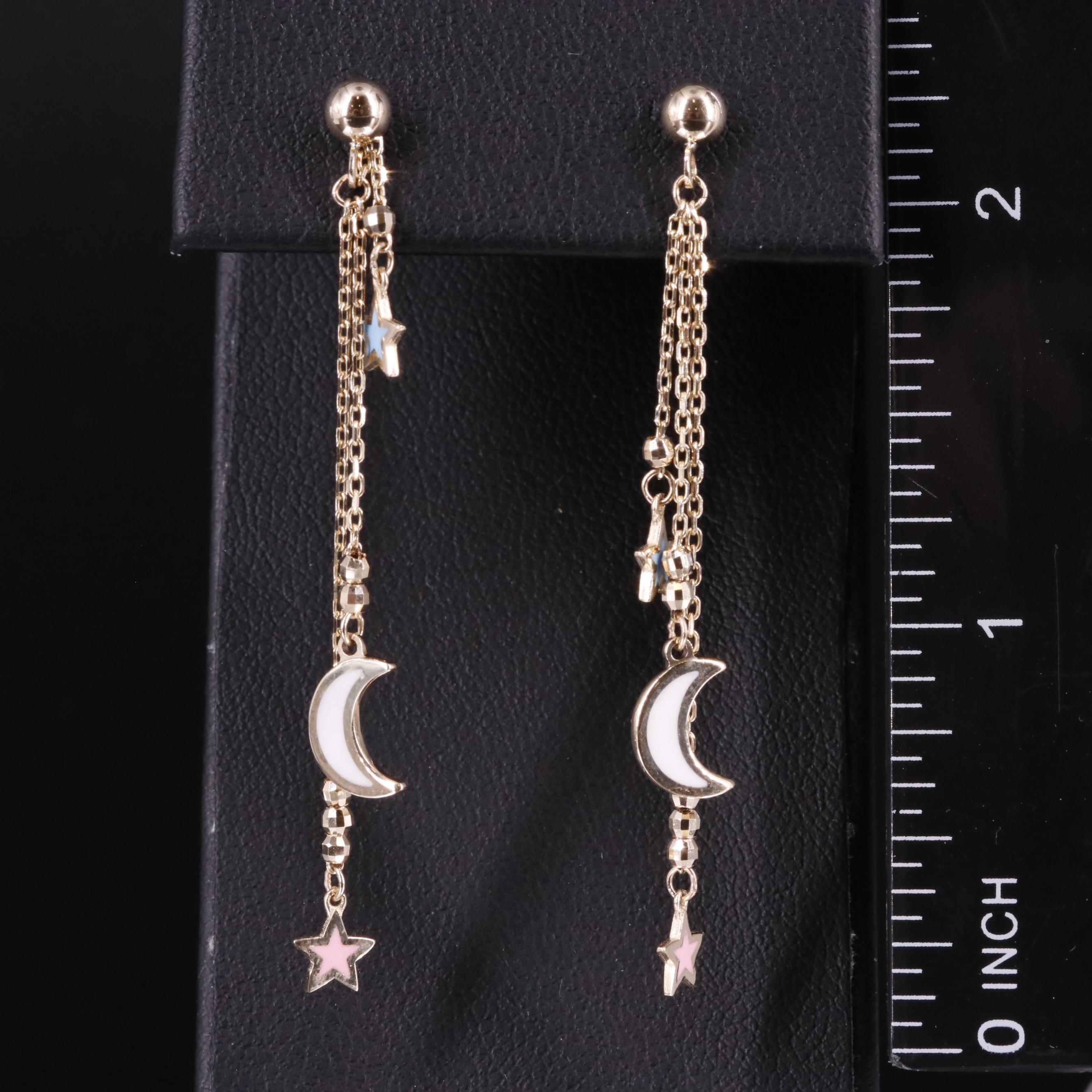 14K Crescent Moon and Stars Drop Earrings