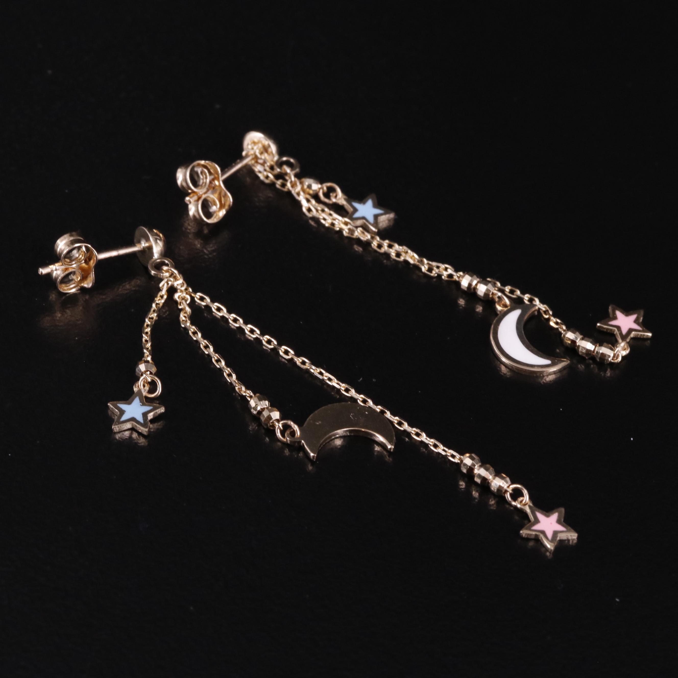 14K Crescent Moon and Stars Drop Earrings
