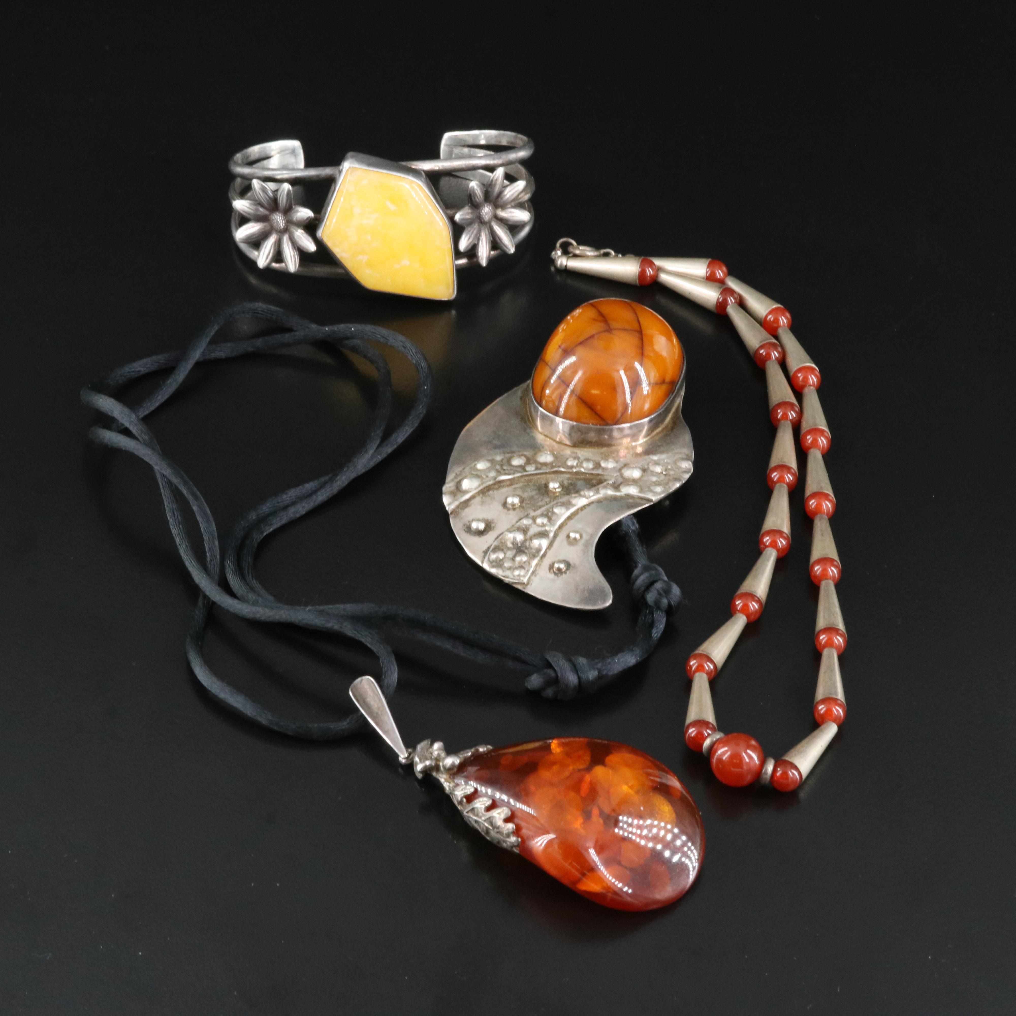Sterling Necklaces and Converter Brooches Including Amber and Carnelian