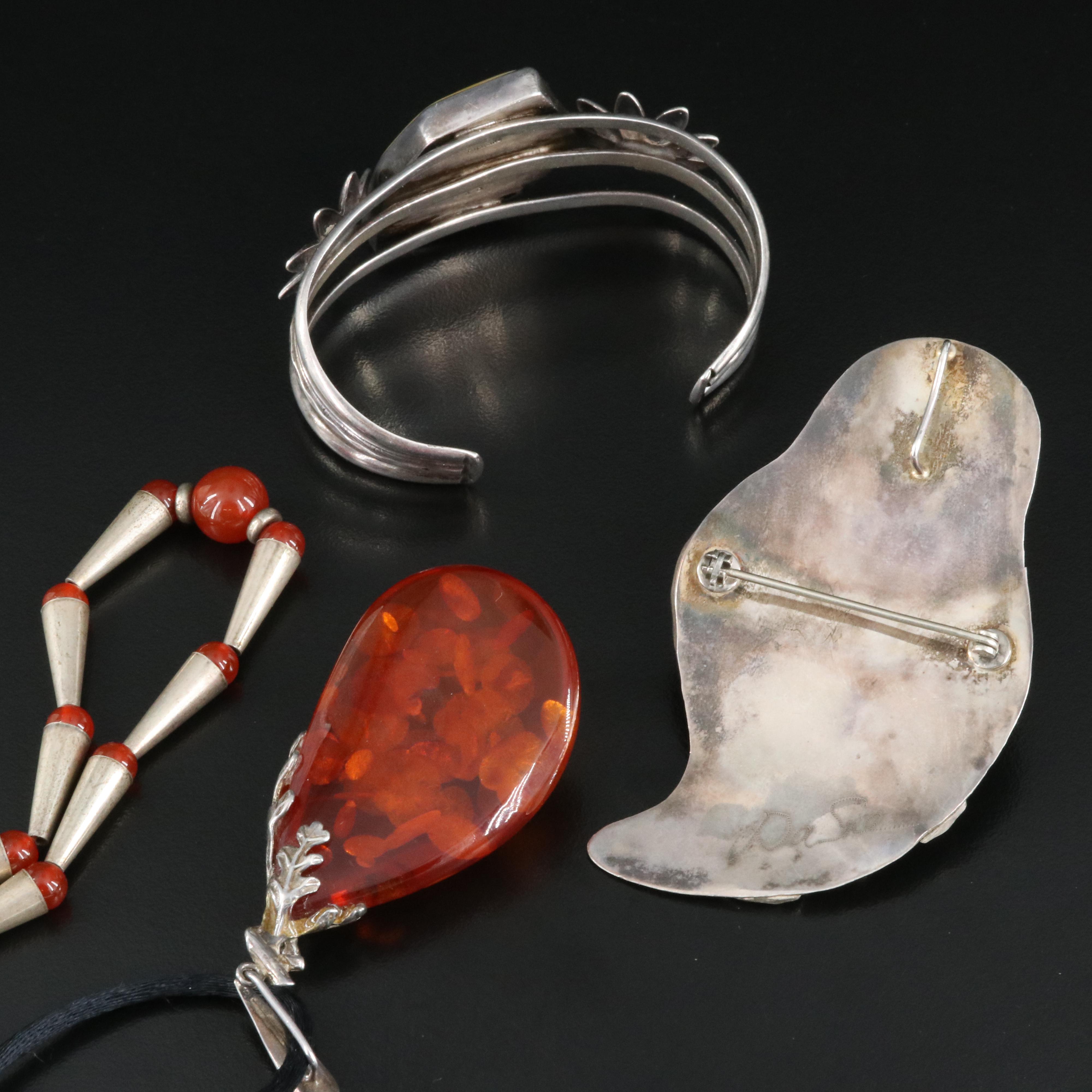 Sterling Necklaces and Converter Brooches Including Amber and Carnelian