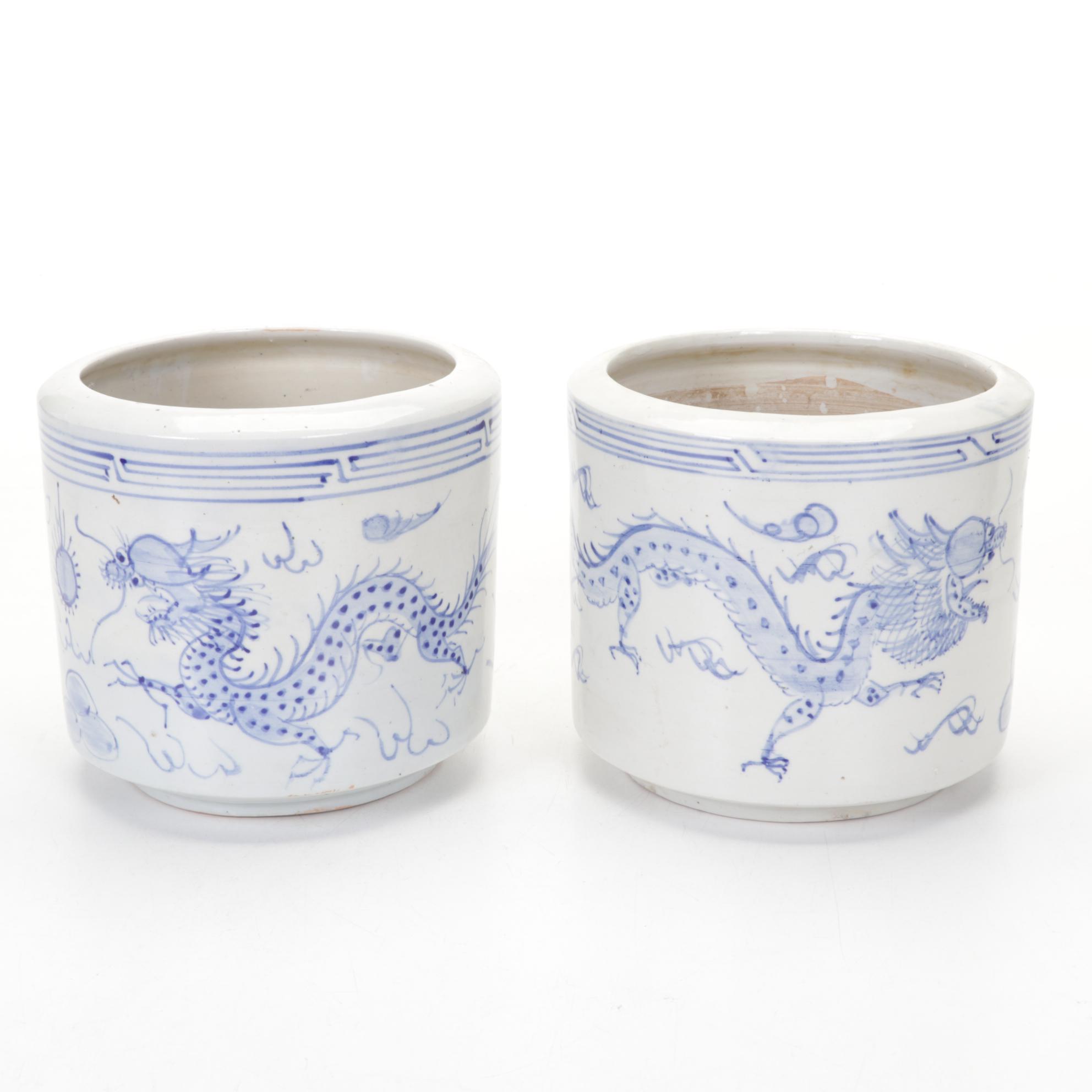 Chinese Dragon Stoneware Planters with Japanese Calligraphy Sake Bottle