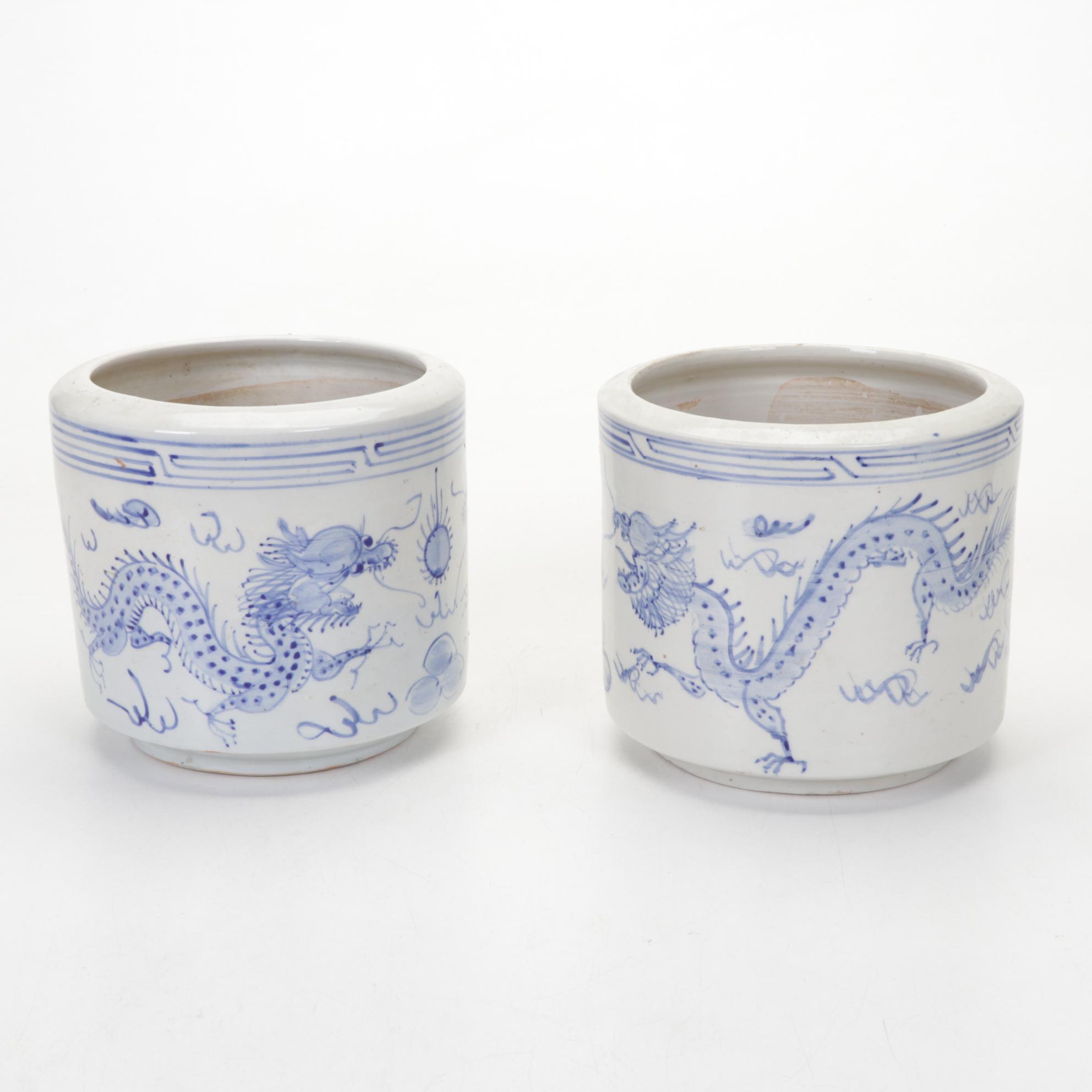 Chinese Dragon Stoneware Planters with Japanese Calligraphy Sake Bottle