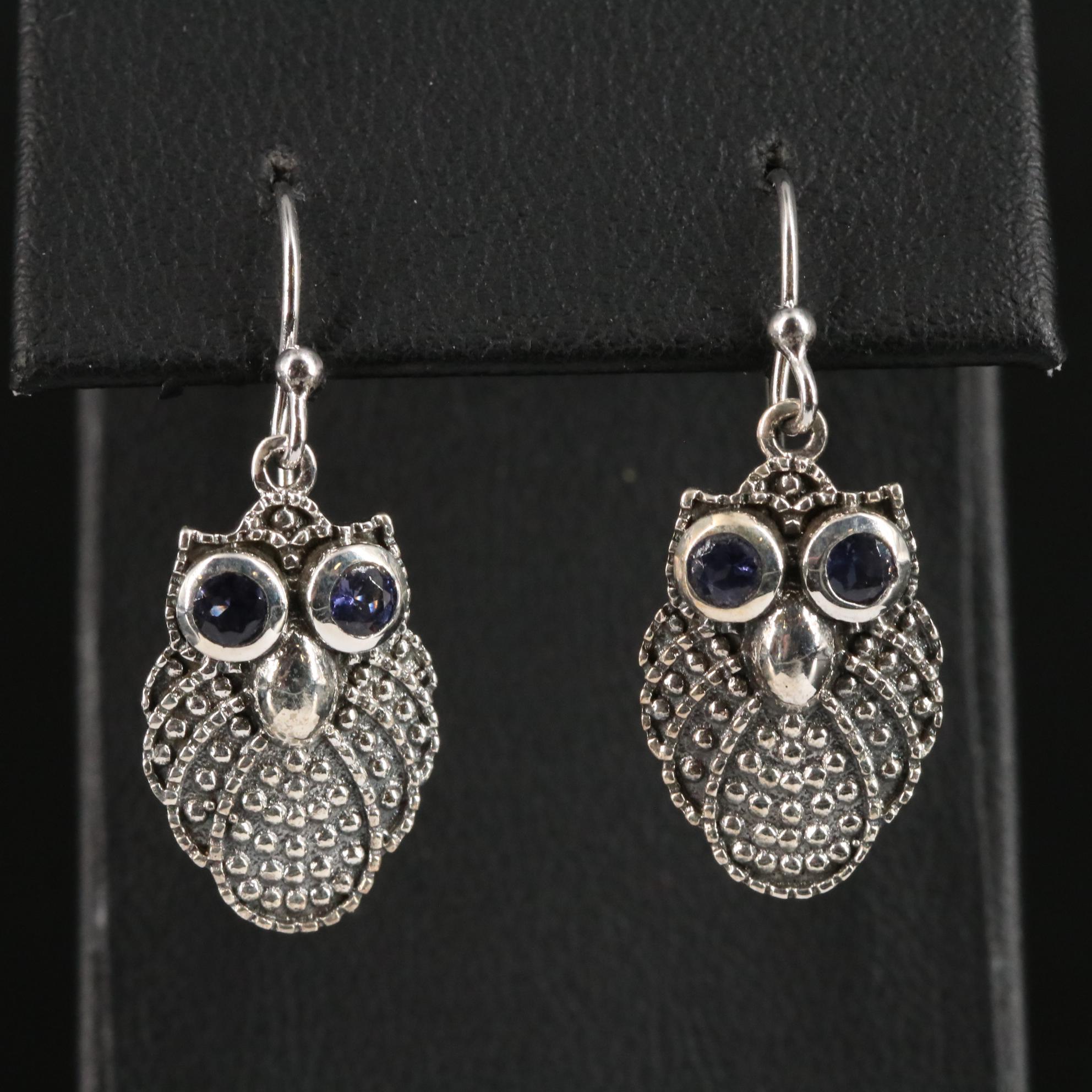 Sterling Iolite Owl Dangle Earrings