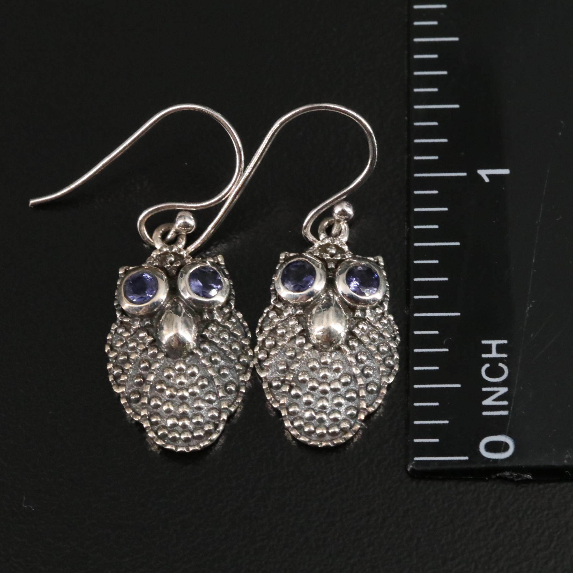 Sterling Iolite Owl Dangle Earrings