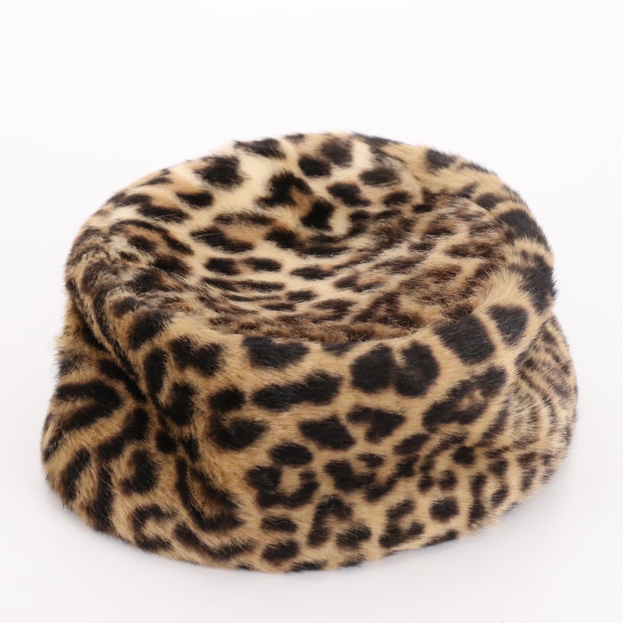 Cheetah Print and White Faux Fur Hats with Red Bow Cap and Vintage Hat Box