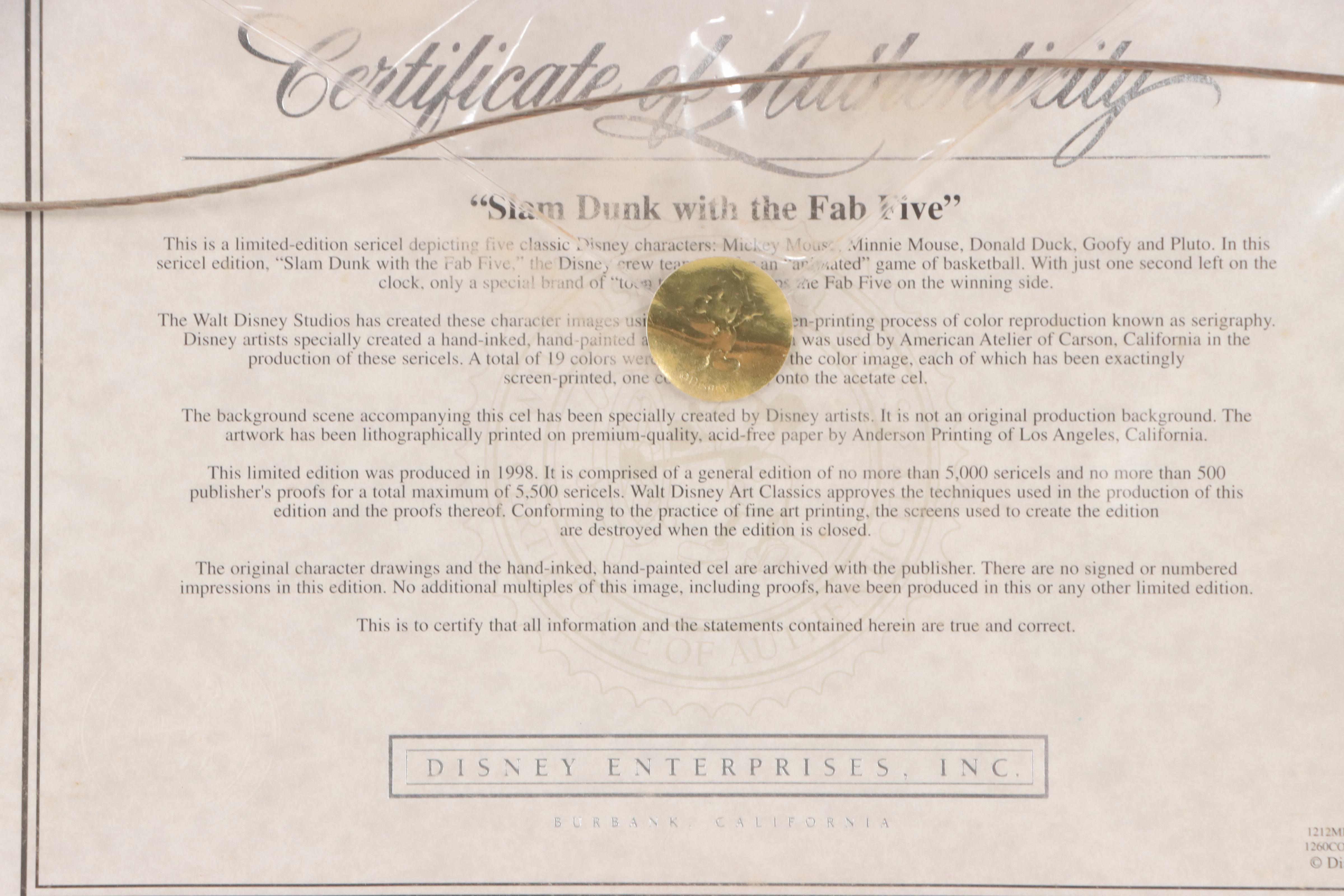 Disney Fab Five Sericel Signed by Character Voice Artists, 1998