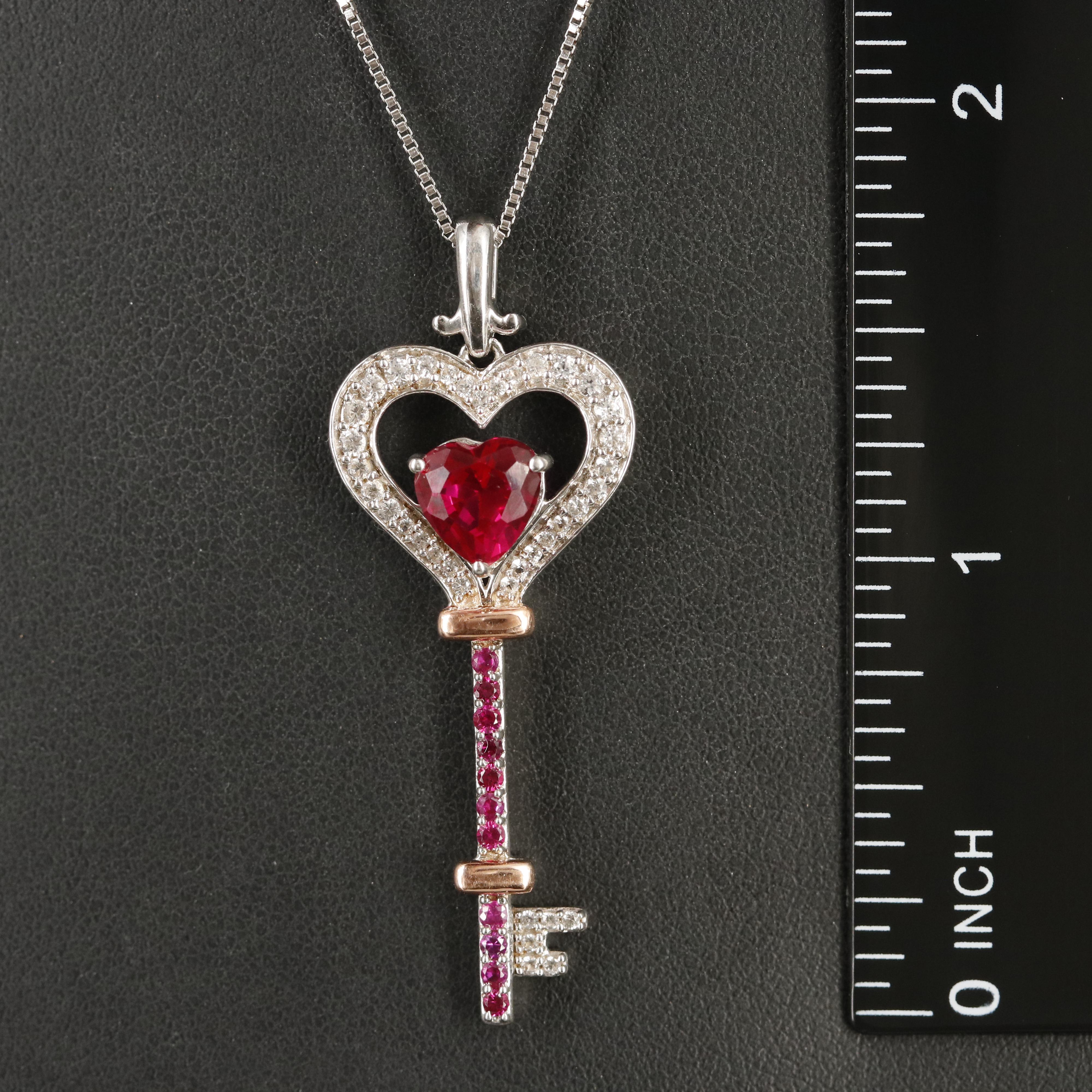 Sterling Ruby and White Sapphire Heart Key Necklace with 10K Rose Gold Accent