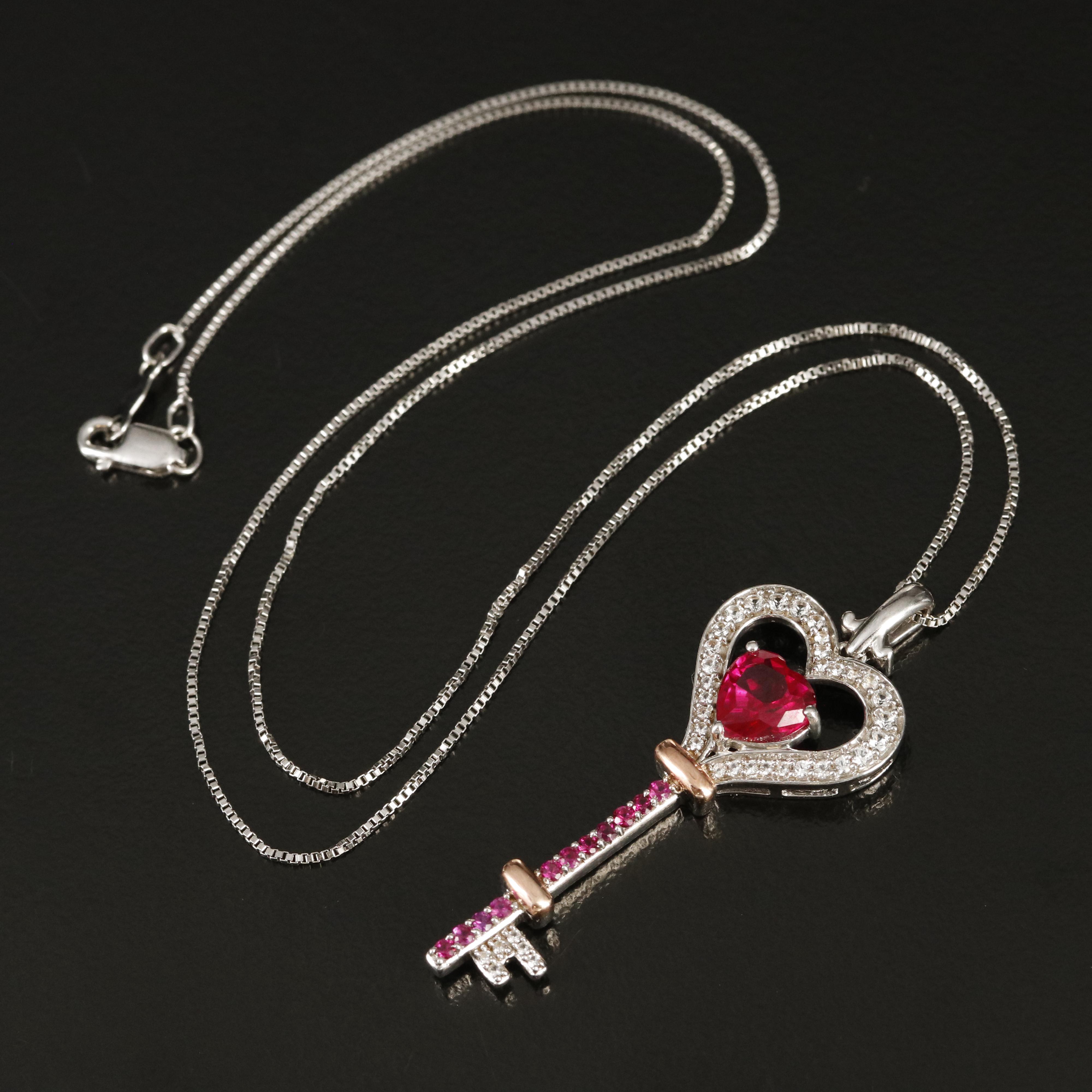 Sterling Ruby and White Sapphire Heart Key Necklace with 10K Rose Gold Accent