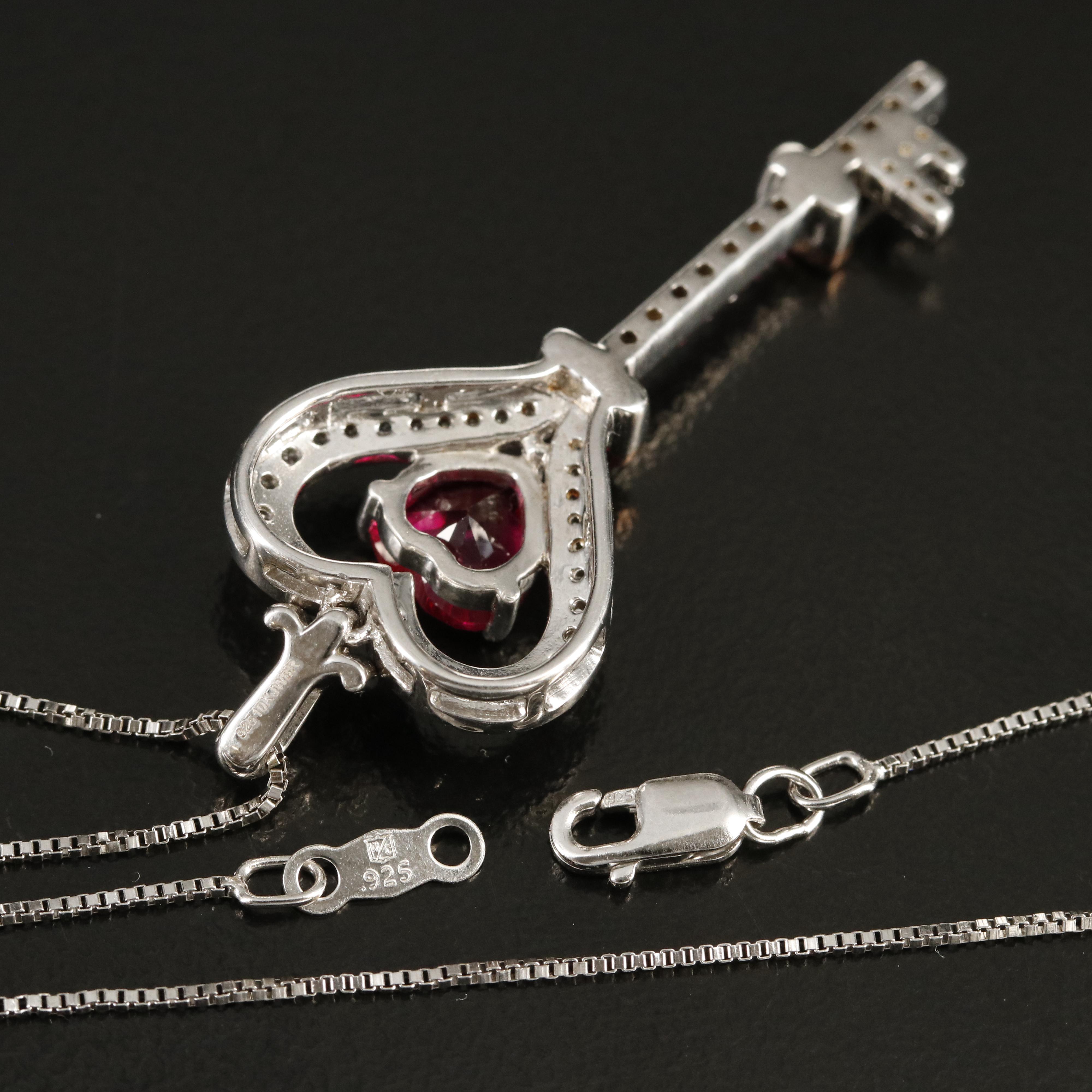 Sterling Ruby and White Sapphire Heart Key Necklace with 10K Rose Gold Accent