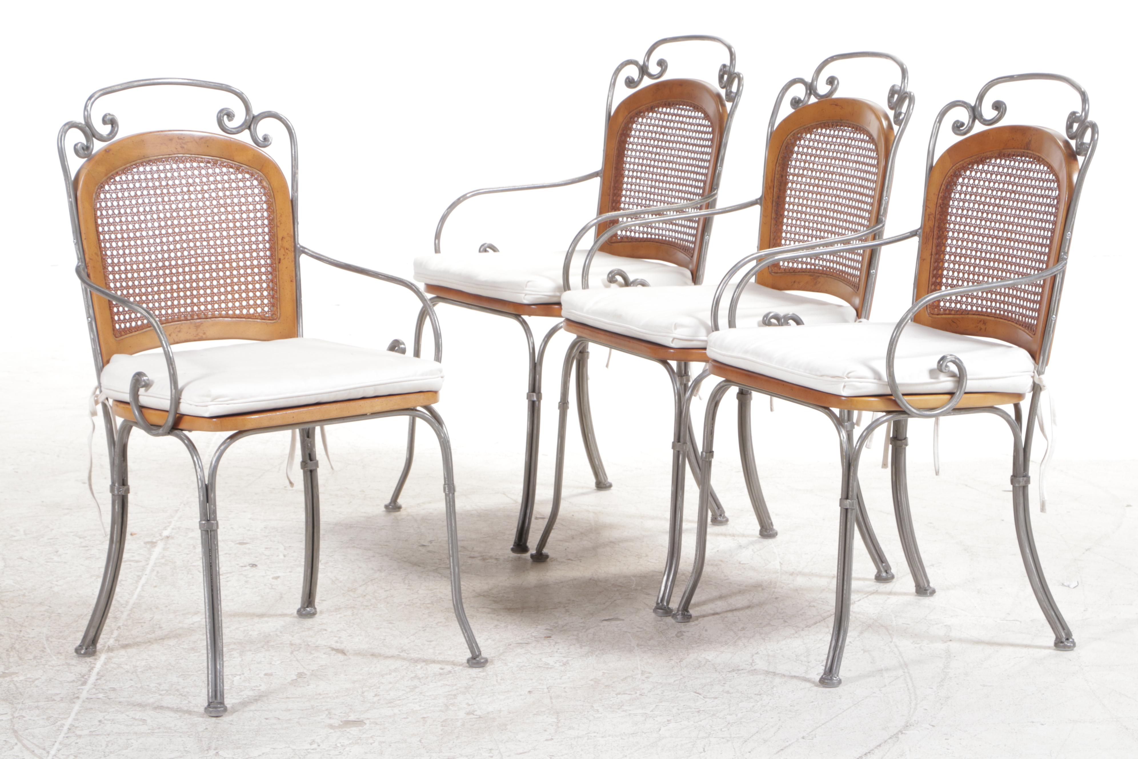 Contemporary Glass Top Wrought Metal Dining Table and Four Chairs